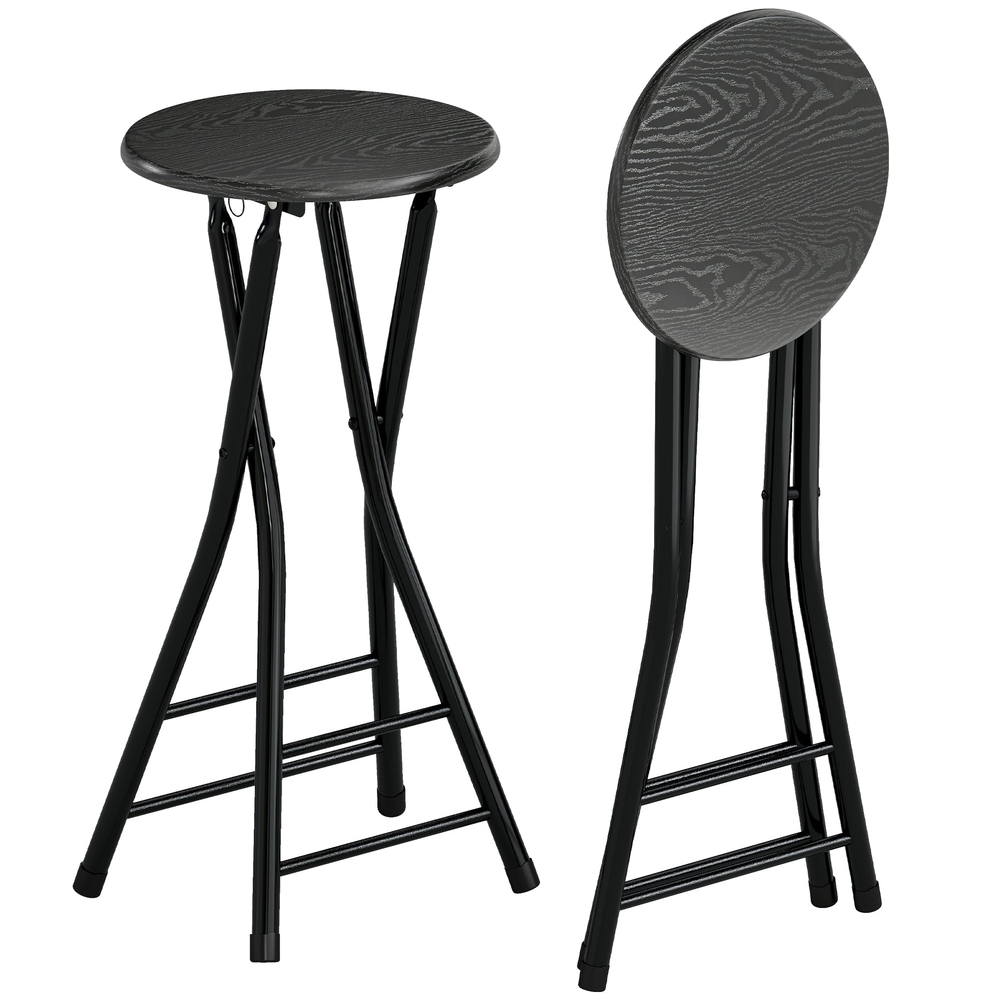 Foldable Bar Stools Set of 2, 24" Counter Height Round Bar Chairs with Double Footrest, Folding Barstools for Kitchen Island, Black