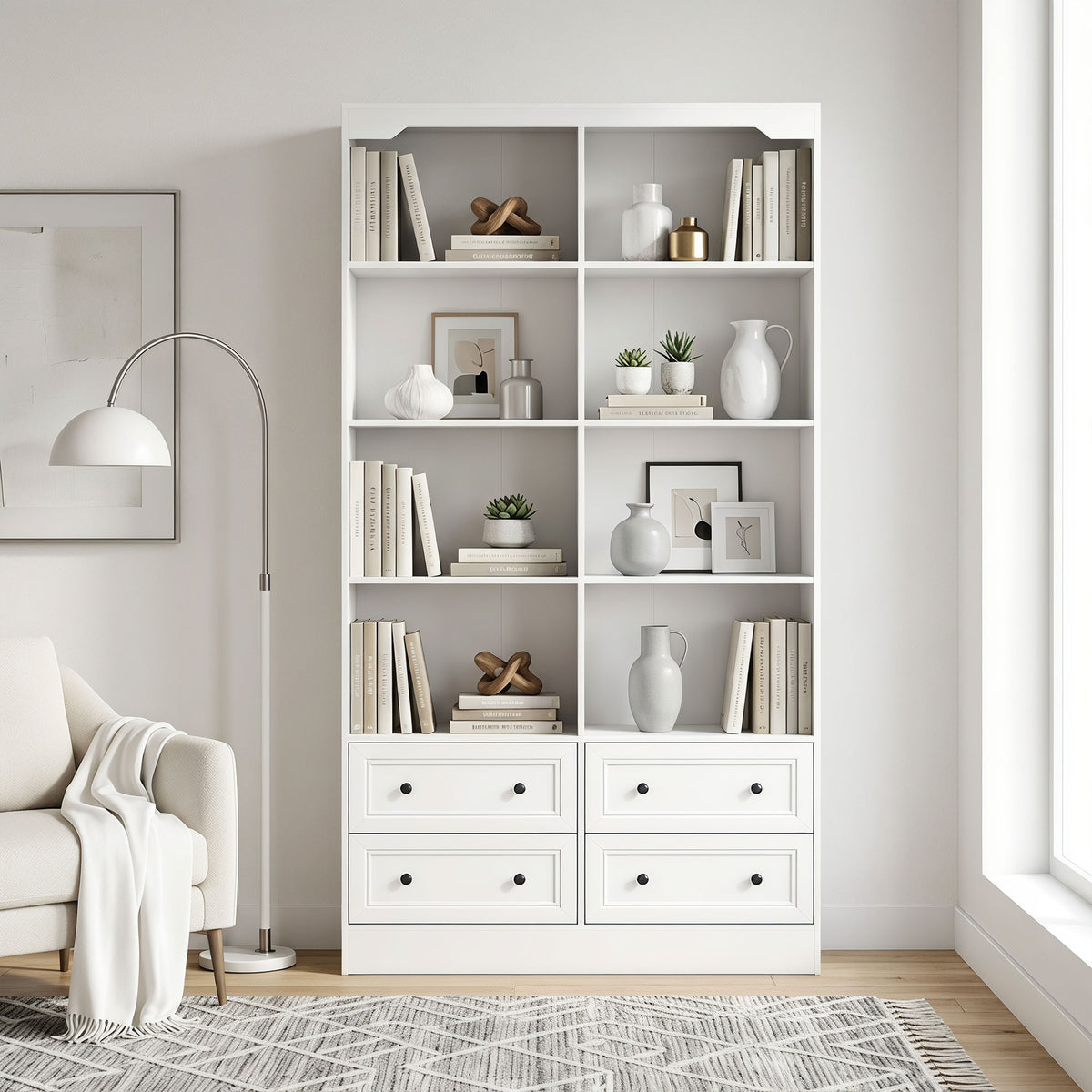 Bookshelf with 8 Cubbies and 4 Drawers, 5-Tier Double Wide Bookcase, Tall Bookcase with Storage, Standing Book Cabinet for Home Office, White