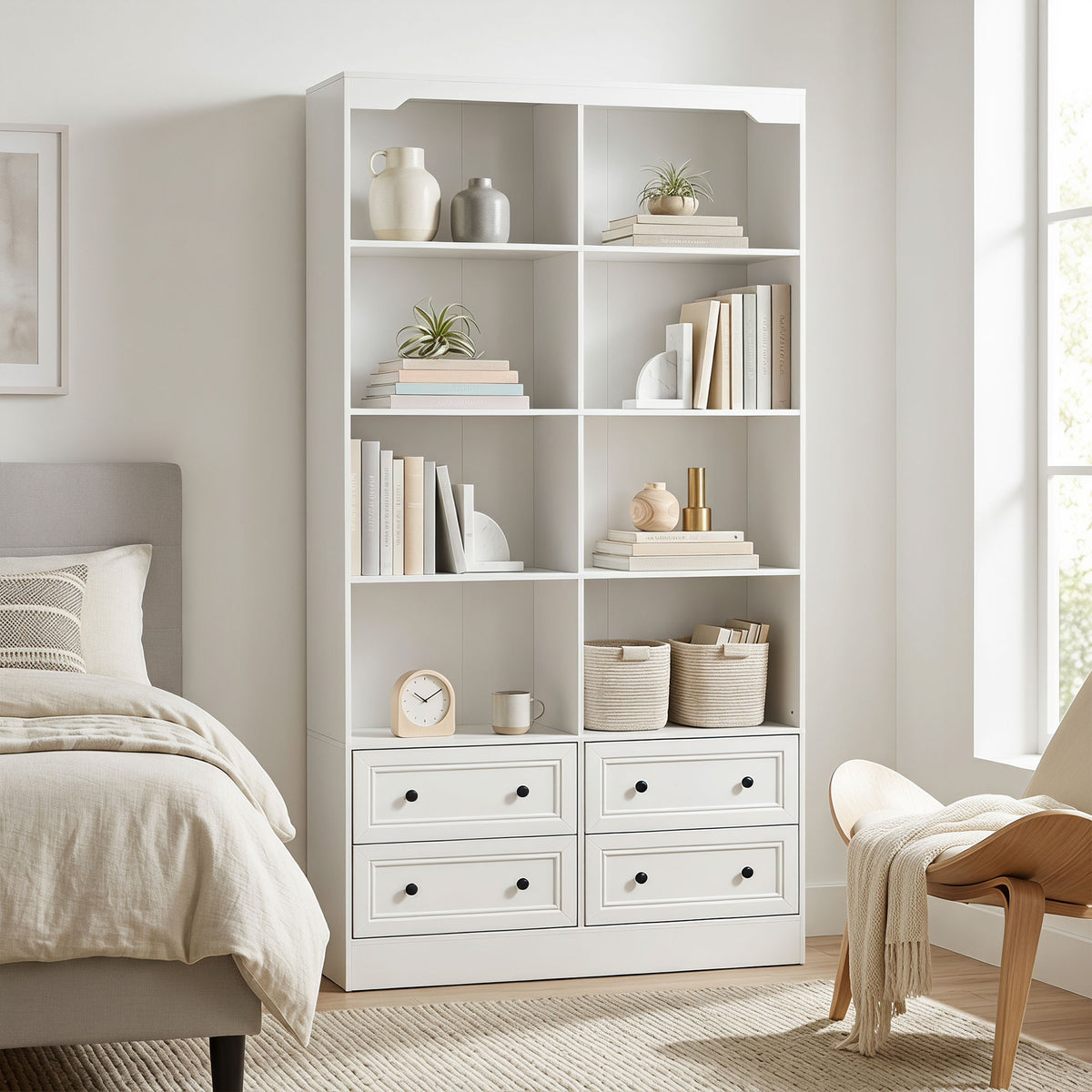 Bookshelf with 8 Cubbies and 4 Drawers, 5-Tier Double Wide Bookcase, Tall Bookcase with Storage, Standing Book Cabinet for Home Office, White