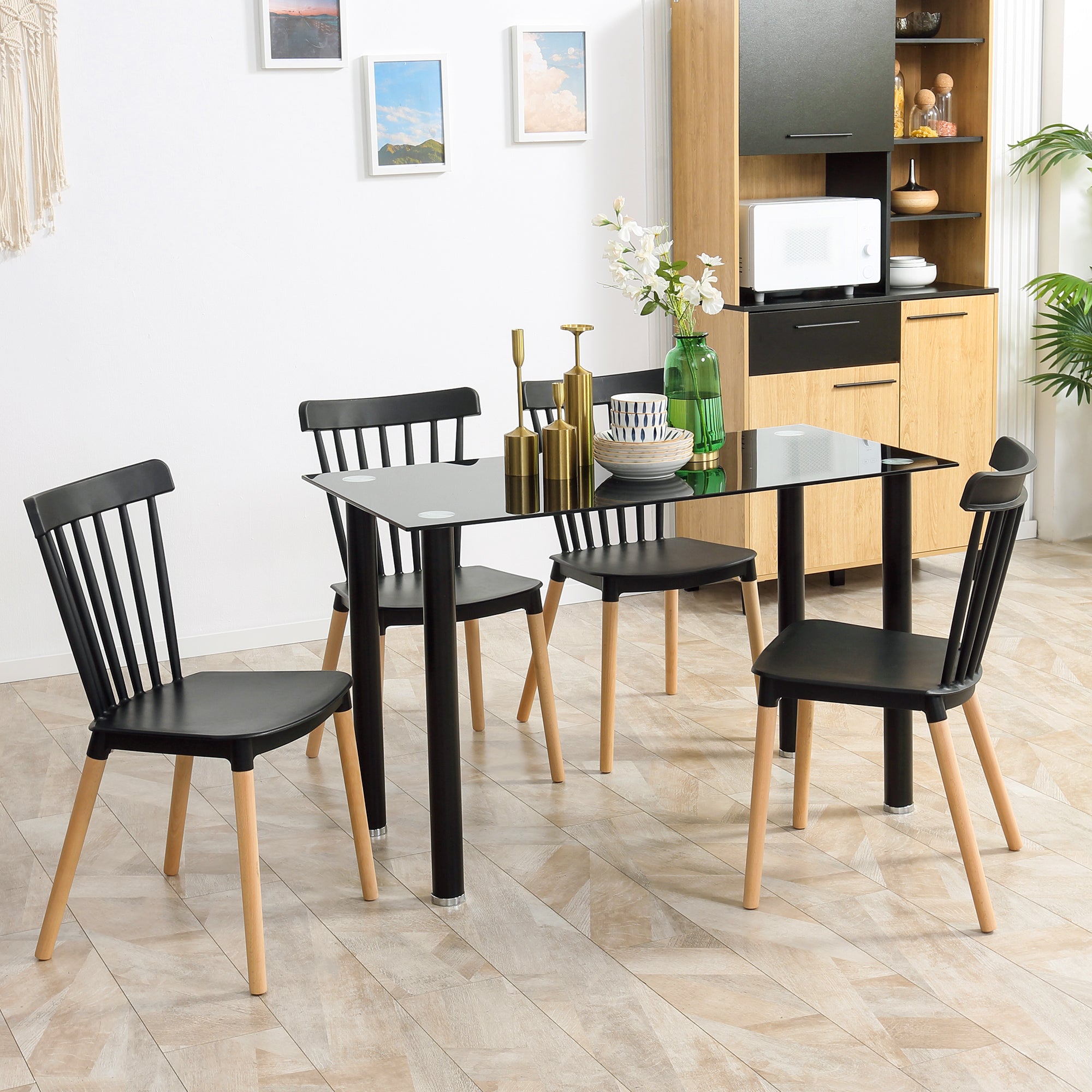 HOMCOM Dining Chairs Set of 4, Modern Accent Chair with Slatted Back, PP Seat & Wooden Legs for Living Room, Kitchen, Black