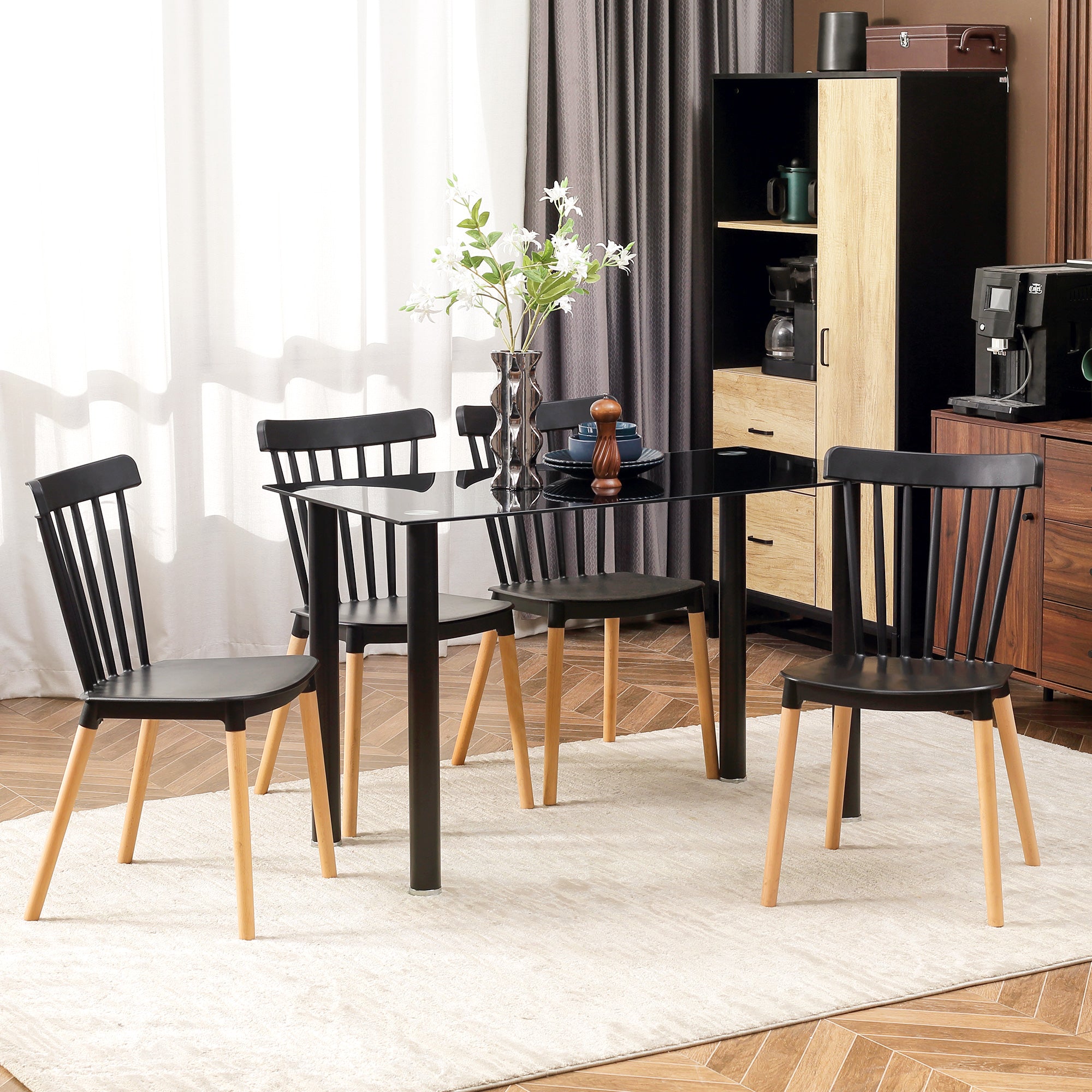 HOMCOM Dining Chairs Set of 4, Modern Accent Chair with Slatted Back, PP Seat & Wooden Legs for Living Room, Kitchen, Black