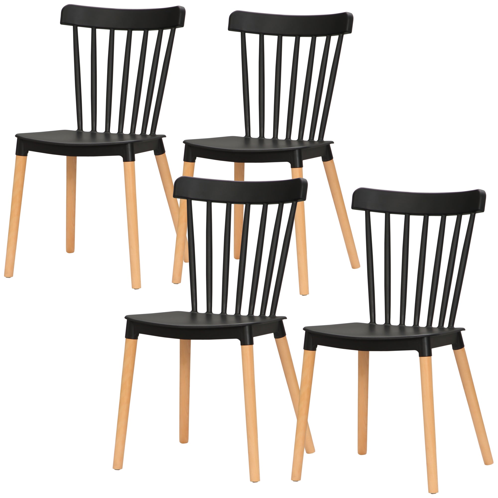 HOMCOM Dining Chairs Set of 4, Modern Accent Chair with Slatted Back, PP Seat & Wooden Legs for Living Room, Kitchen, Black