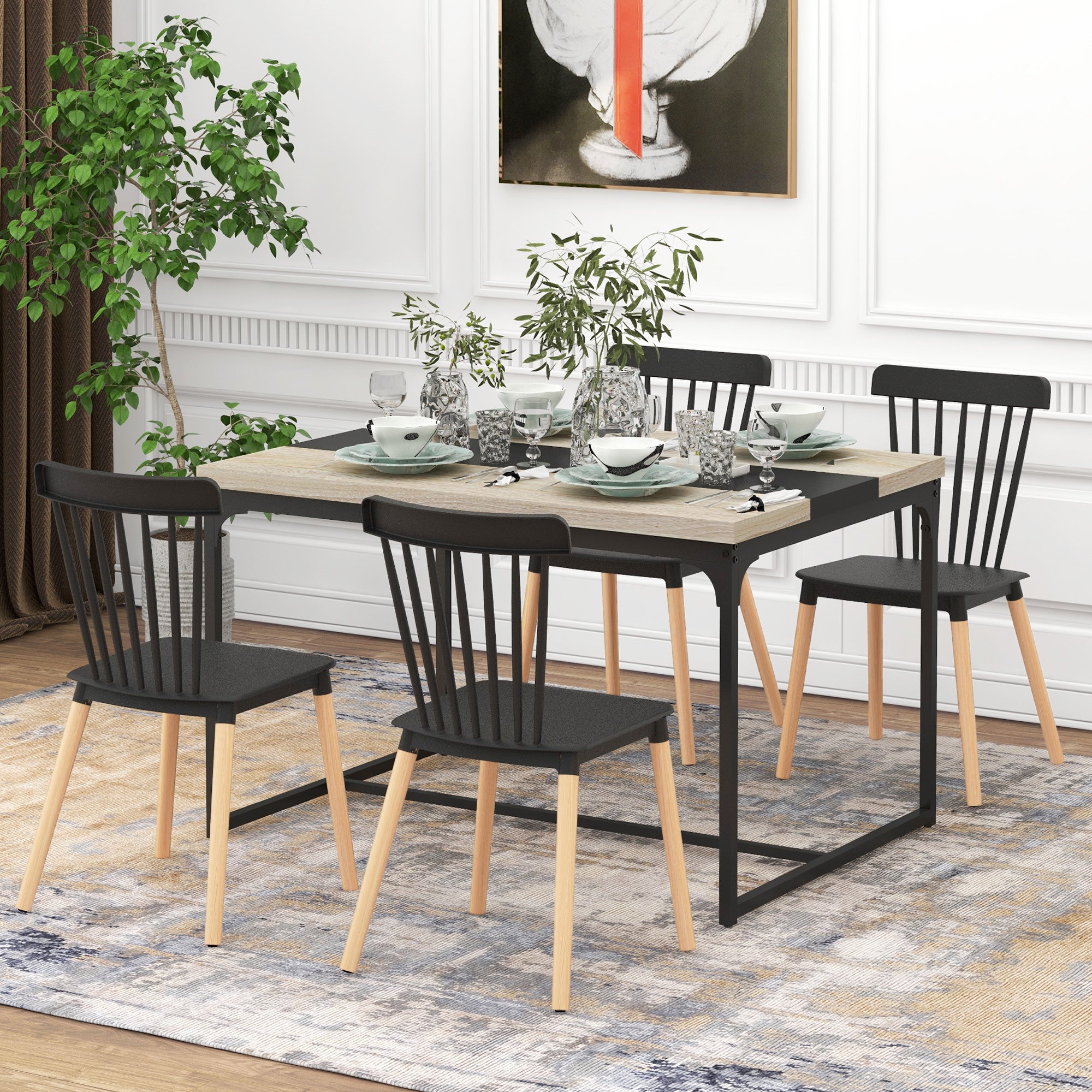 HOMCOM Dining Chairs Set of 4, Modern Accent Chair with Slatted Back, PP Seat & Wooden Legs for Living Room, Kitchen, Black