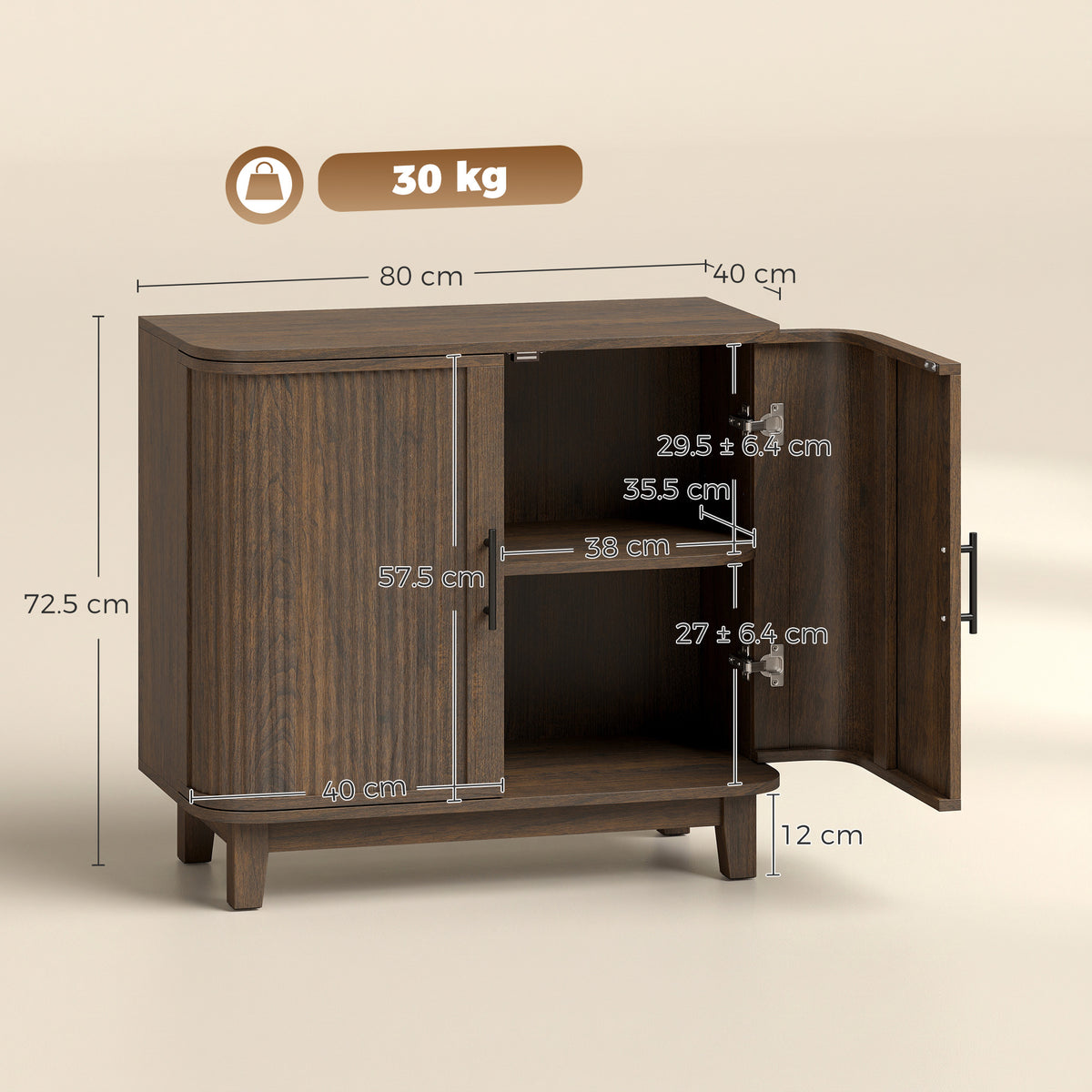 80cm Sideboard Buffet Cabinet, Modern Storage Cabinet with 2 Curved Doors, Adjustable Shelf and Legs for Dining Room, Hallway, Dark Walnut