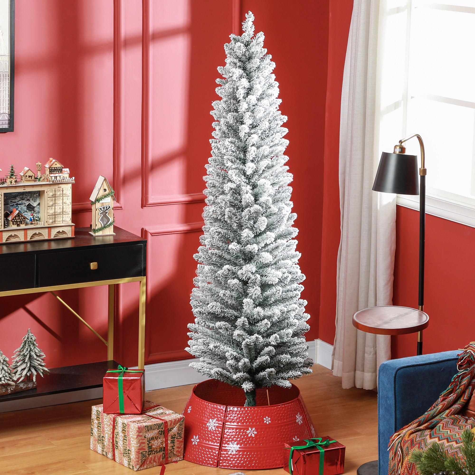6ft Artificial Pencil Christmas Tree with 329 Snow Flocked Branches, Metal Base, Realistic Xmas Tree, White