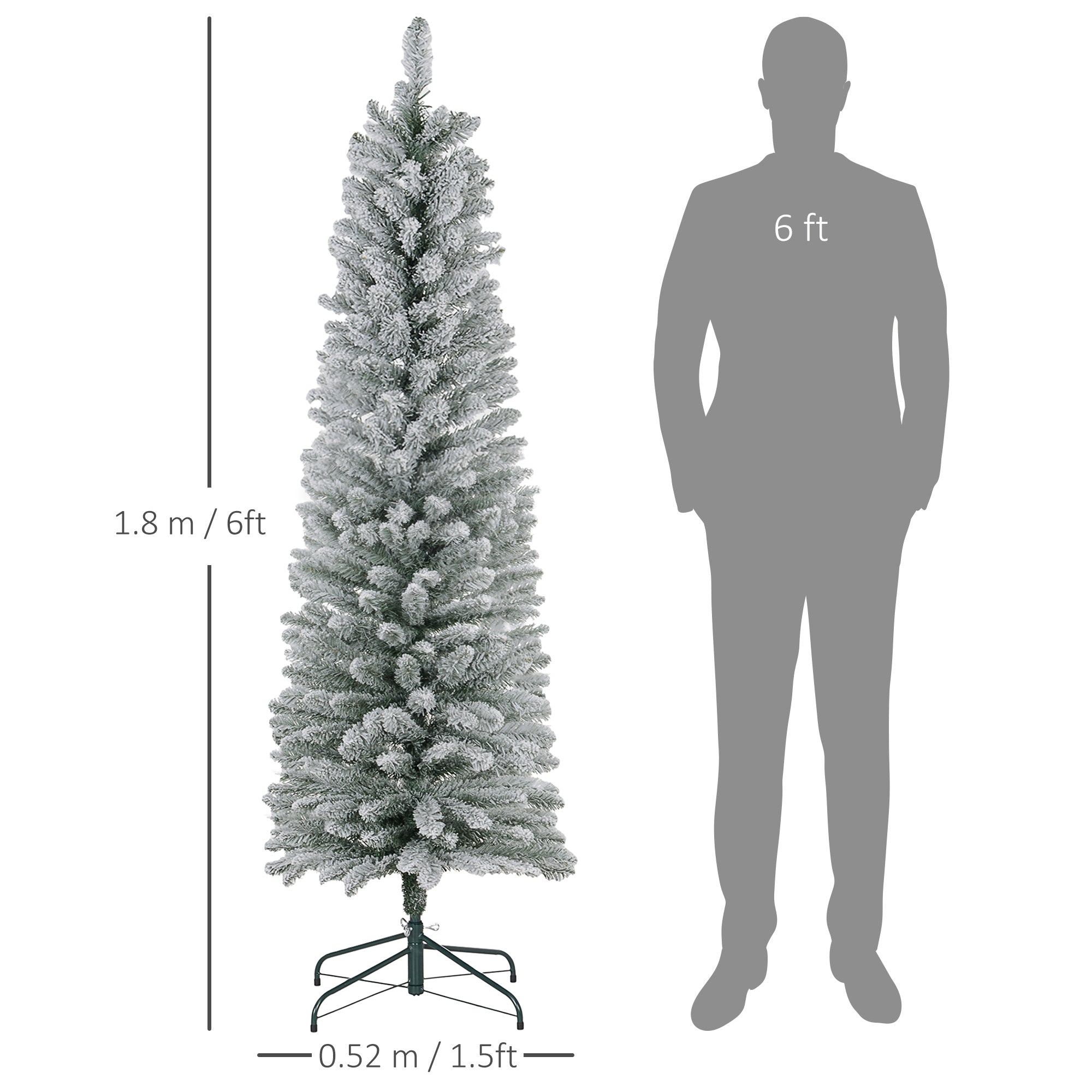 6ft Artificial Pencil Christmas Tree with 329 Snow Flocked Branches, Metal Base, Realistic Xmas Tree, White