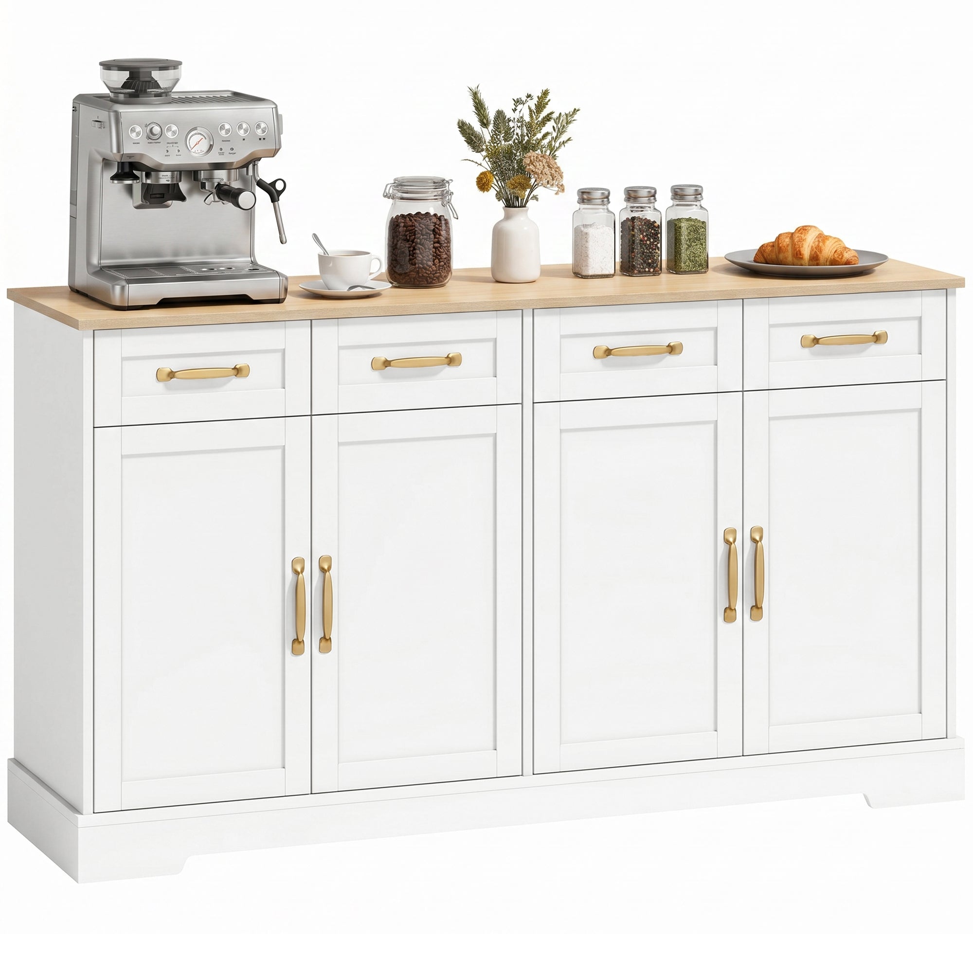 Sideboard Buffet Cabinet, 140 cm Modern Farmhouse Kitchen Storage Cabinet with 4 Drawers, 4 Doors and 2 Adjustable Shelves, Coffee Bar Station, White