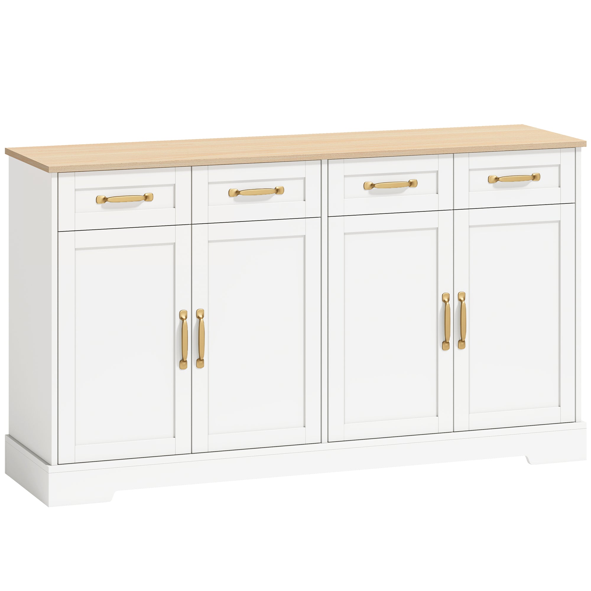Sideboard Buffet Cabinet, 140 cm Modern Farmhouse Kitchen Storage Cabinet with 4 Drawers, 4 Doors and 2 Adjustable Shelves, Coffee Bar Station, White