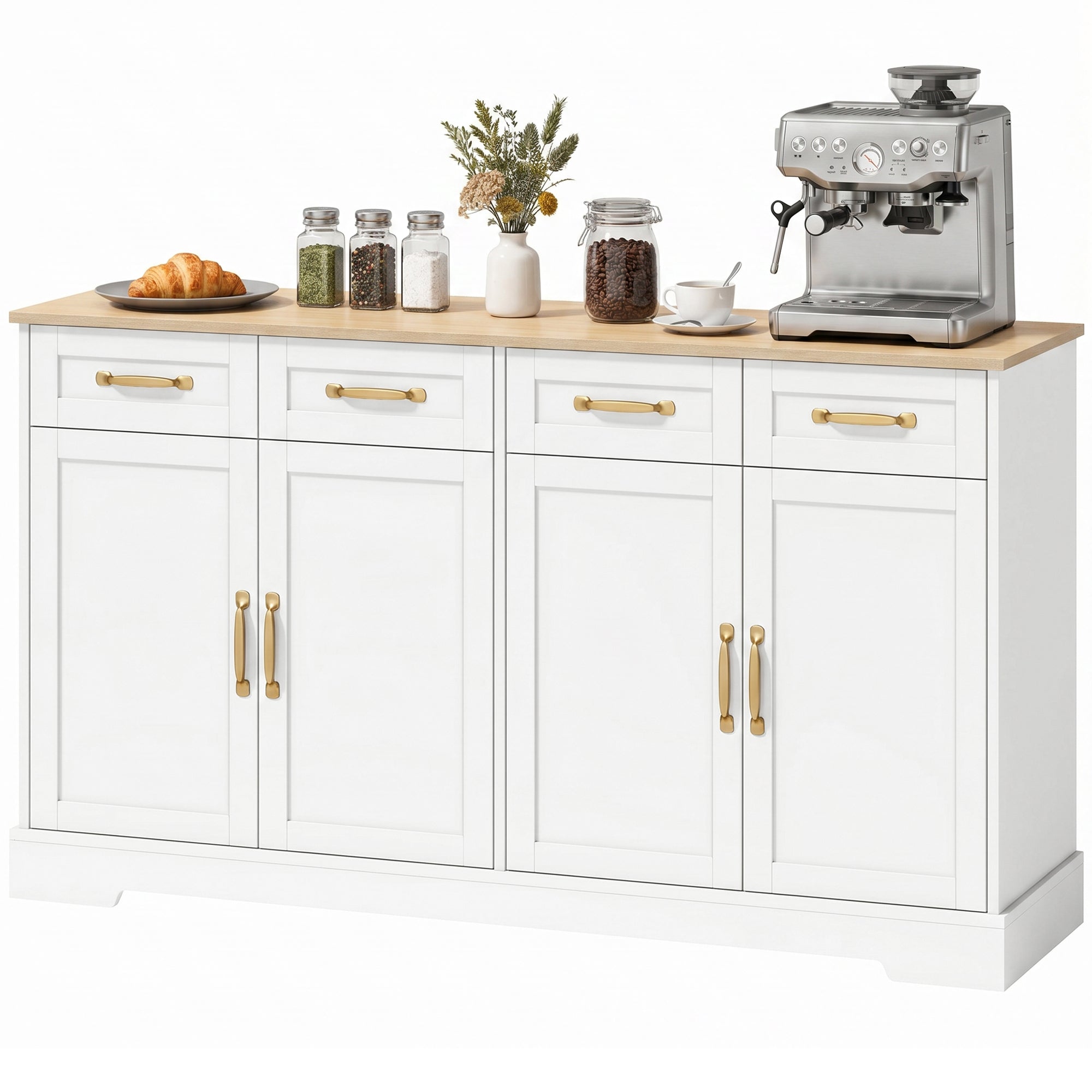 Sideboard Buffet Cabinet, 140 cm Modern Farmhouse Kitchen Storage Cabinet with 4 Drawers, 4 Doors and 2 Adjustable Shelves, Coffee Bar Station, White