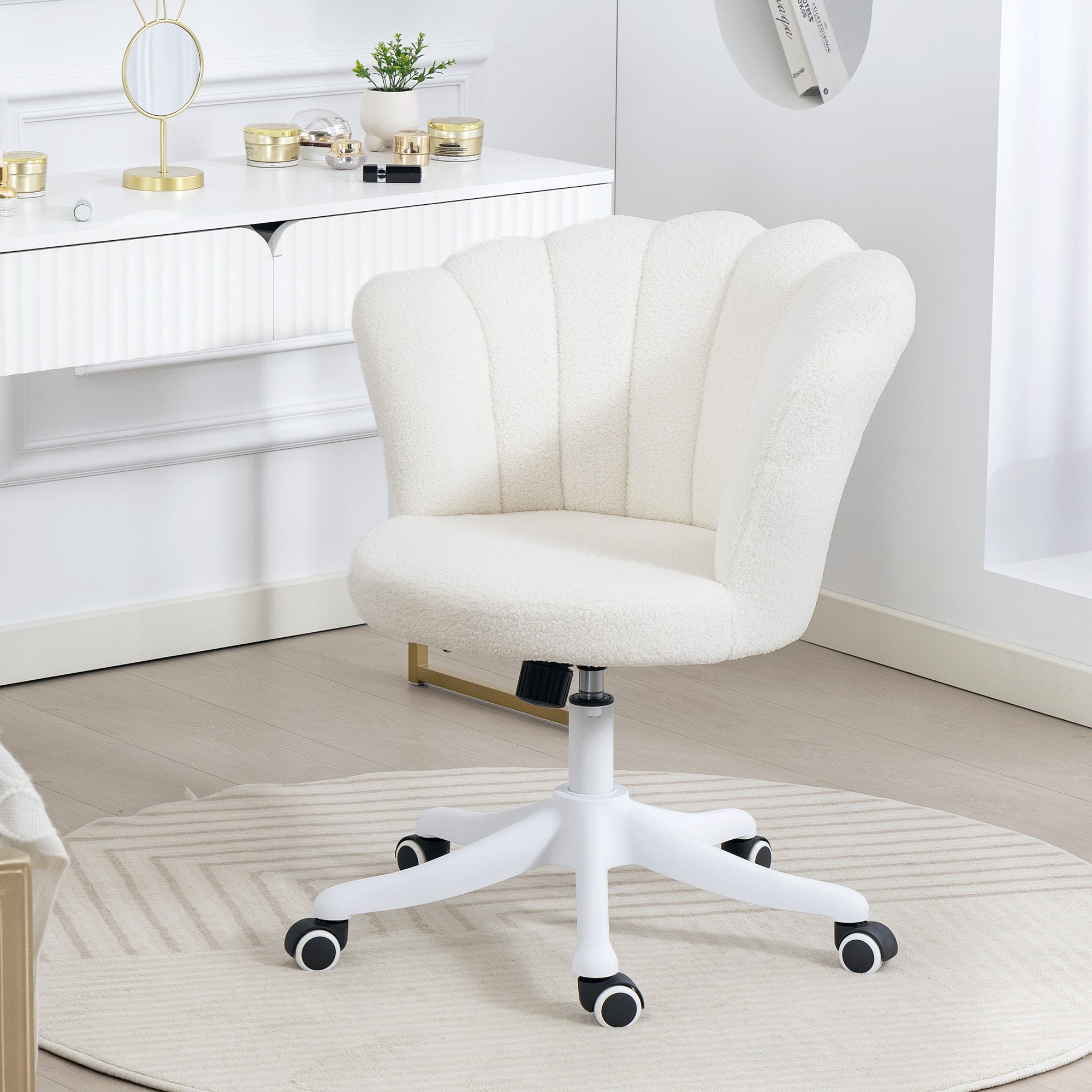 Teddy Fleece Office Chair, Armless Swivel Desk Chair with Adjustable Height, Backrest, Wheels, Padded Seat, Tilt Function for Office, Vanity, Computer, Study, Cream White