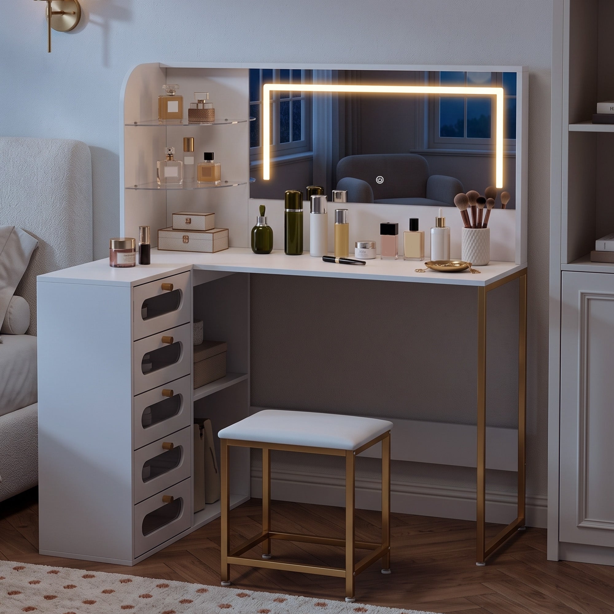 Dressing Table with Adjustable LED Mirror and Padded Stool, Corner L-Shaped Vanity Desk with 5 Drawers, 2 Open Shelves, 2 Glass Shelves, Modern Makeup Table for Bedroom, 120x80x135 cm, White