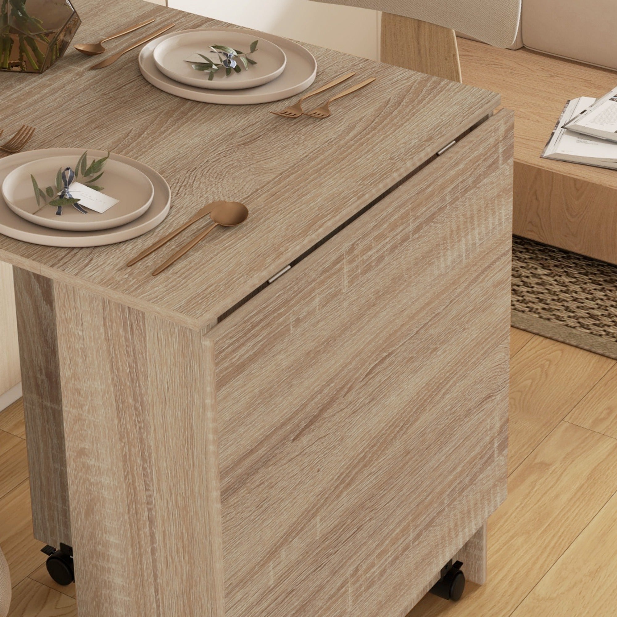 HOMCOM Folding Dining Table, Drop Leaf Table for Small Spaces with 2-tier Shelves, Small Kitchen Table with Rolling Casters, Natural