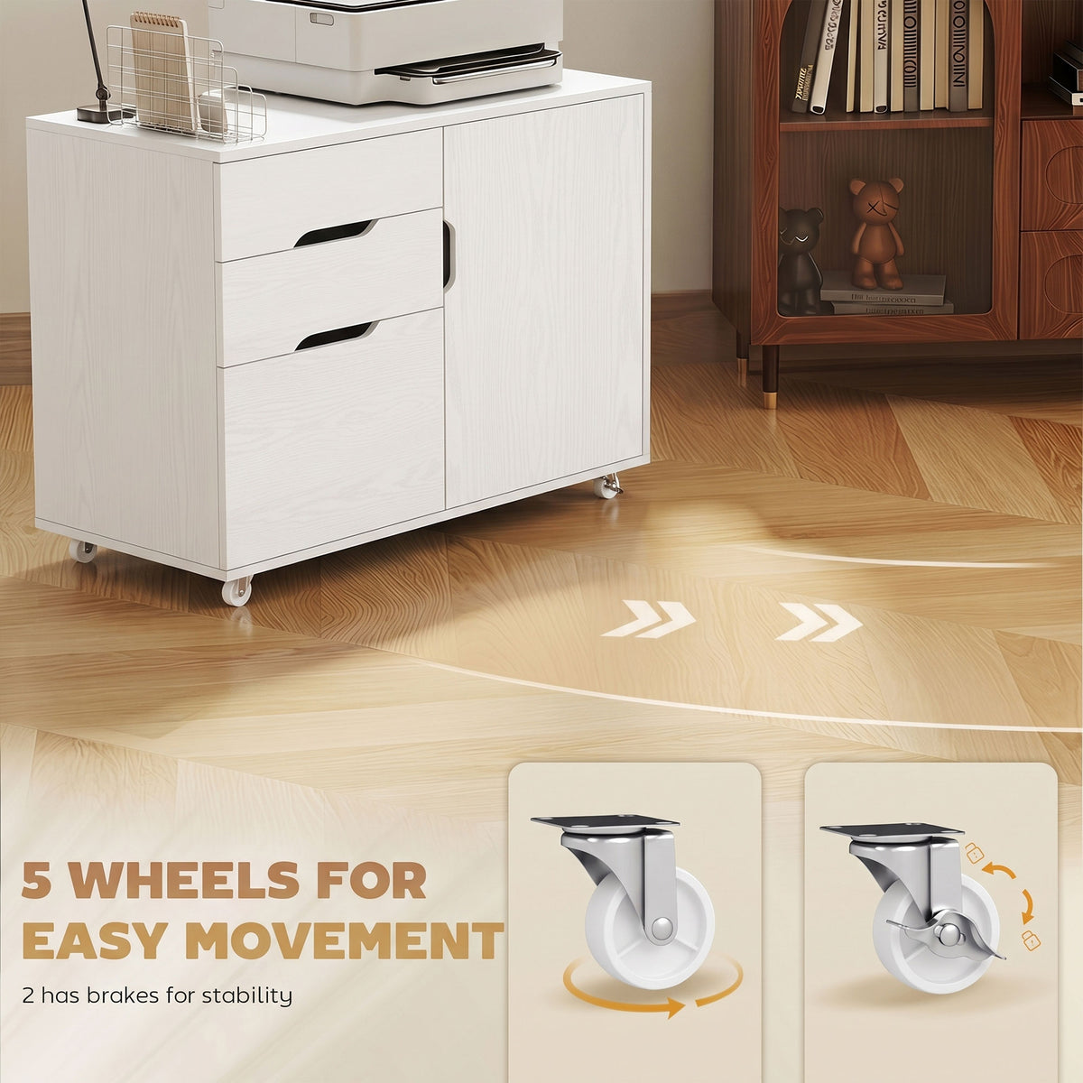 Lateral File Cabinet with Cabinet, Home Office Printer Stand, 3-Drawer Mobile Filing Cabinet, Lockable Wheels, Adjustable Shelf, for A4, Letter-Size Files, White Wood Grain