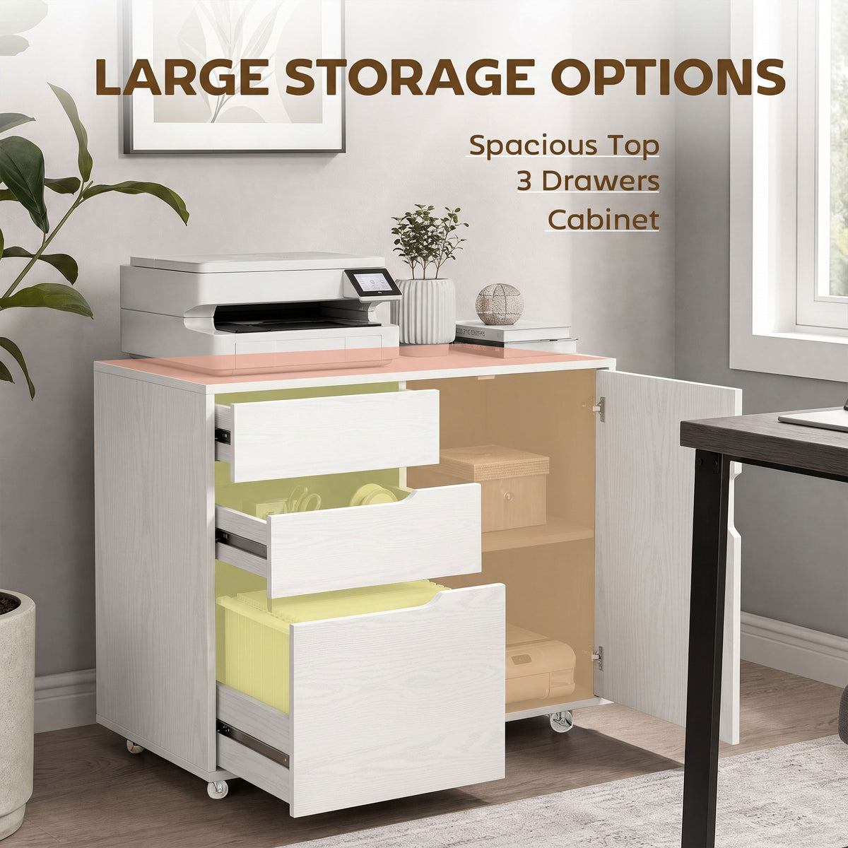 Lateral File Cabinet with Cabinet, Home Office Printer Stand, 3-Drawer Mobile Filing Cabinet, Lockable Wheels, Adjustable Shelf, for A4, Letter-Size Files, White Wood Grain