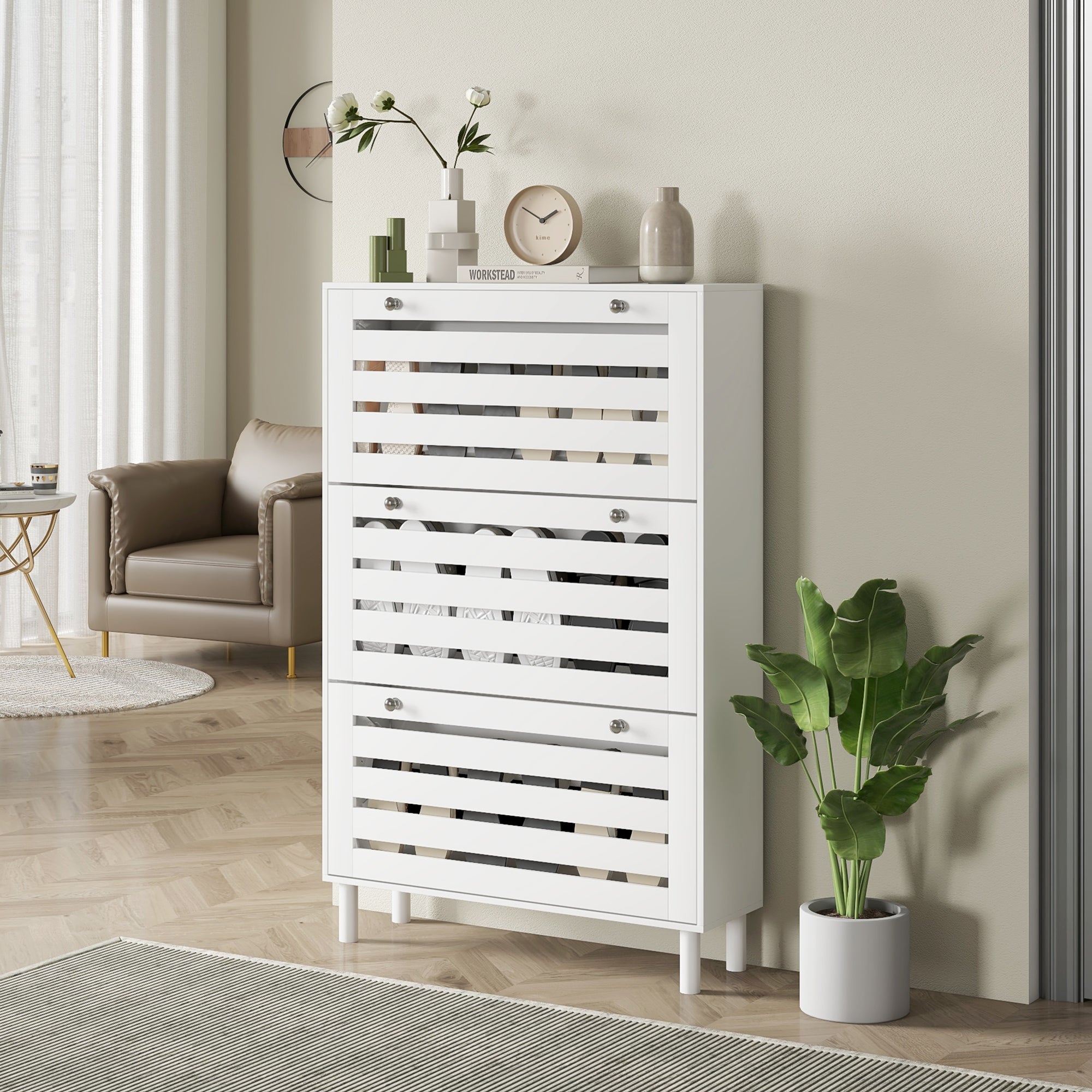 HOMCOM Narrow Shoe Storage Cabinet for Entryway with 3 Flip Drawers and Adjustable Shelves for Small Space, Slatted Panels Shoe Cabinet for 24 Pairs of Shoes, White