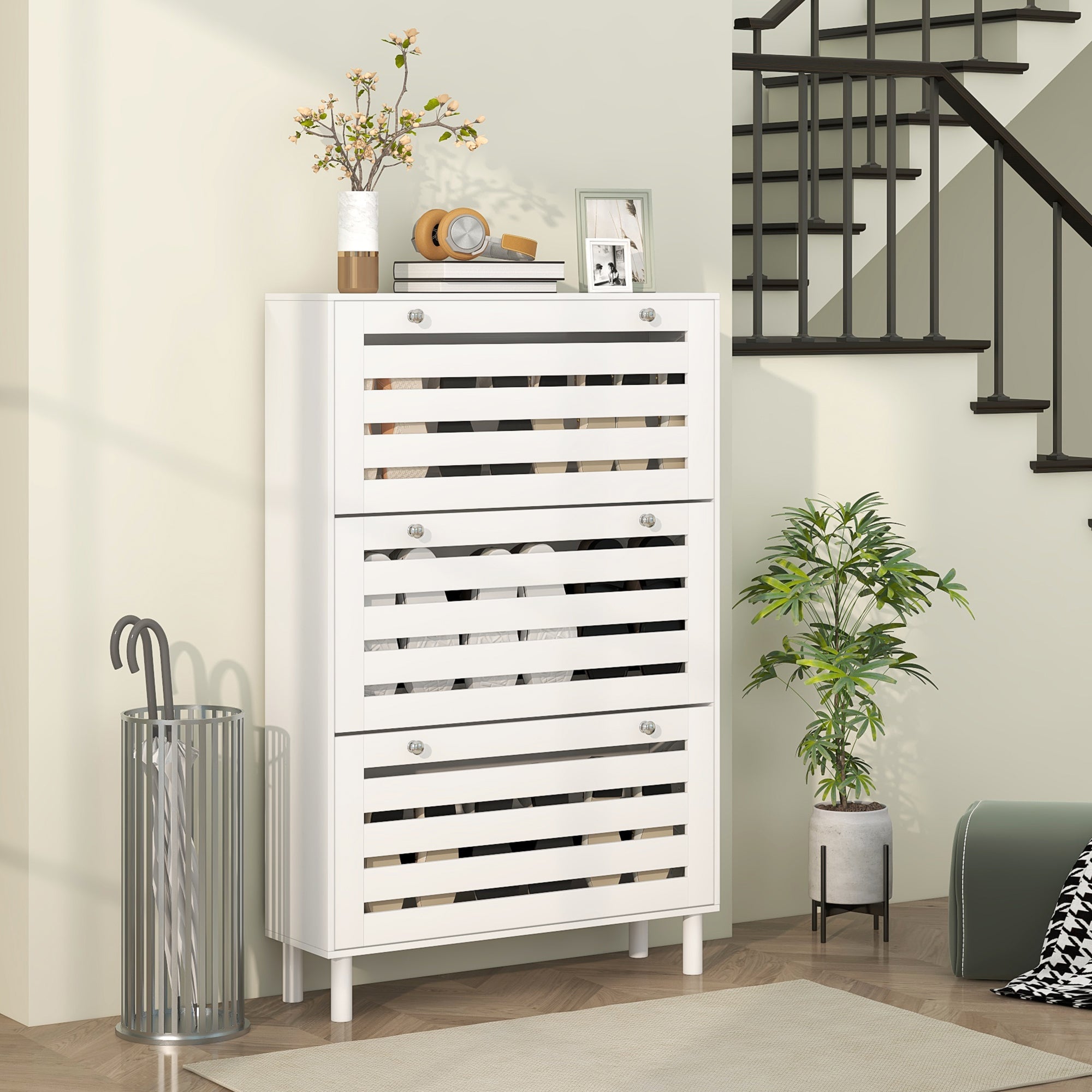 HOMCOM Narrow Shoe Storage Cabinet for Entryway with 3 Flip Drawers and Adjustable Shelves for Small Space, Slatted Panels Shoe Cabinet for 24 Pairs of Shoes, White