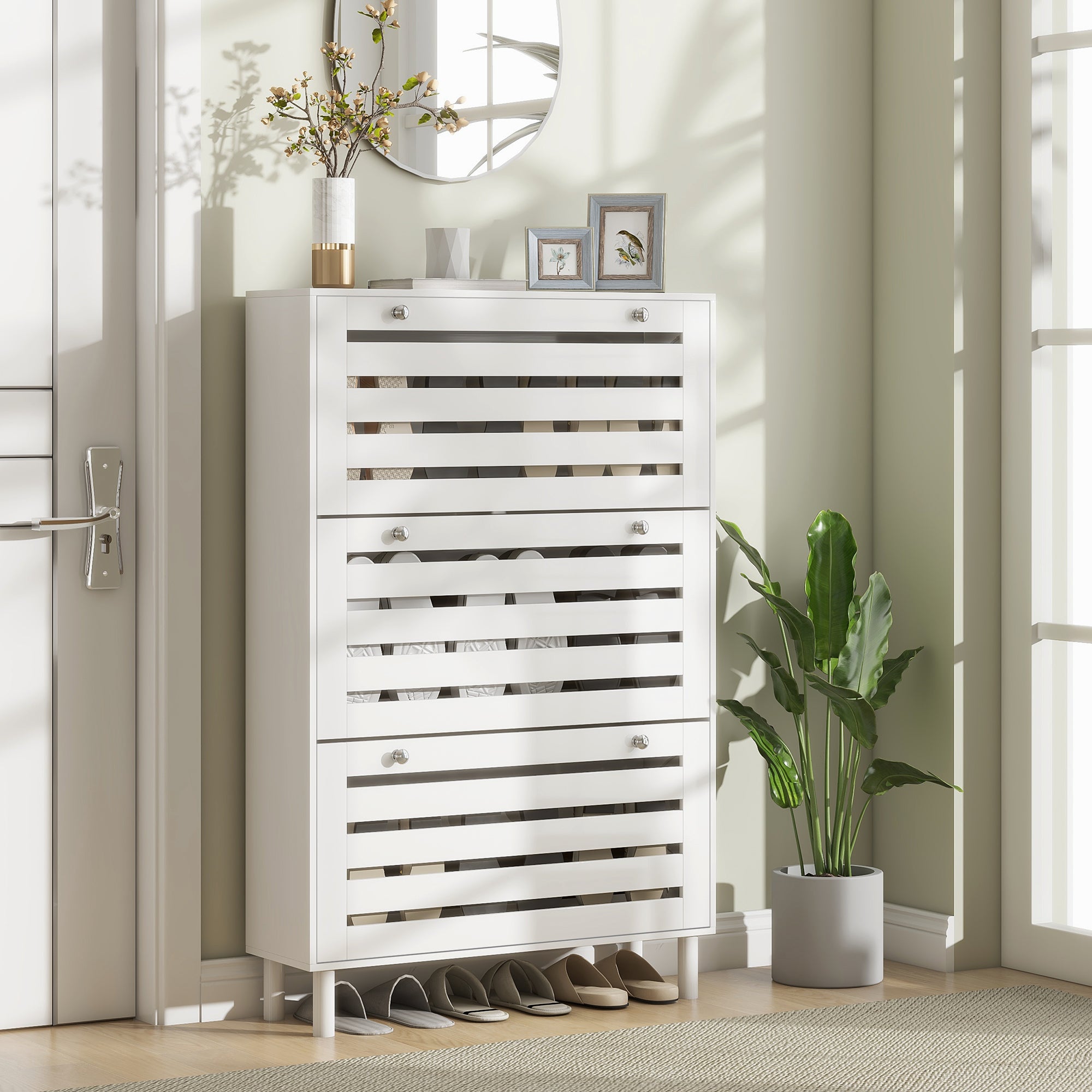 HOMCOM Narrow Shoe Storage Cabinet for Entryway with 3 Flip Drawers and Adjustable Shelves for Small Space, Slatted Panels Shoe Cabinet for 24 Pairs of Shoes, White