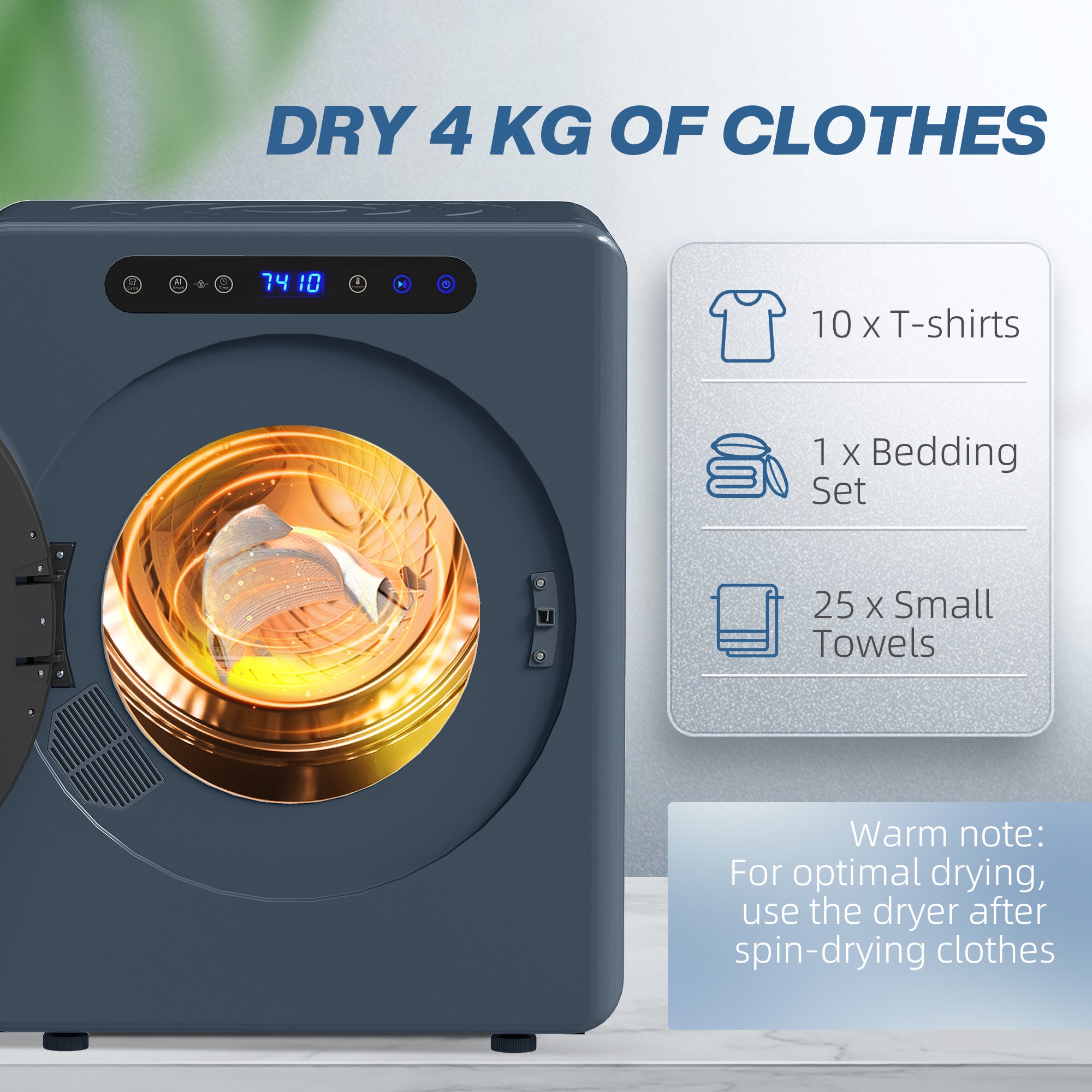 5kg Vented Tumble Dryer, 1000W Compact Freestanding Front Tumble Dryer with Stainless Steel Tub, Timer, 6 Heat Settings, Small Portable Clothes Drying Machine, Blue