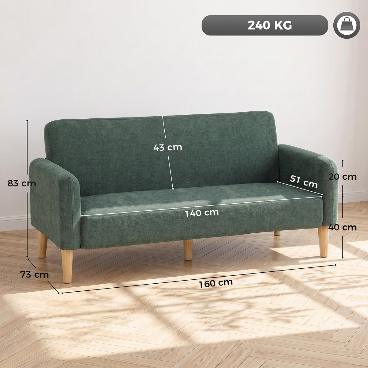 2 Seater Sofa, 160cm Velvet Small Couch with 20cm Thick Padding, Wide and Deep Seat, Plush Backrest, Loveseat Sofa Settee for Small Space, Living Room, Bedroom, Home Office, Dark Green
