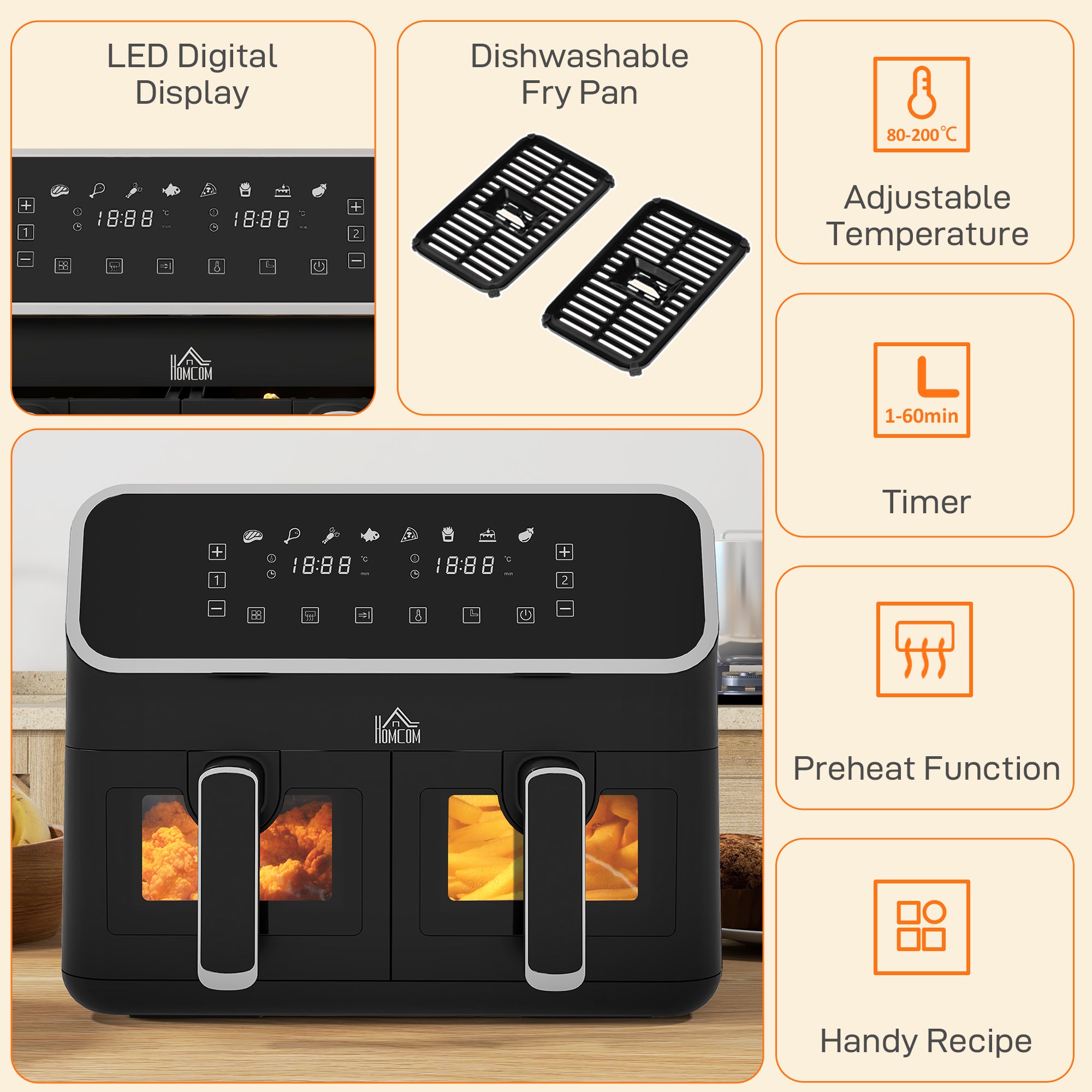 HOMCOM Dual Air Fryer, 8L Family Size Double Air Fryer Oven with 8-In-1 Presets, Smart Finish, Digital Display, Visual Window, Recipe, Timer for Oil Free & Low Fat Healthy Cooking, 2700W,  Silver