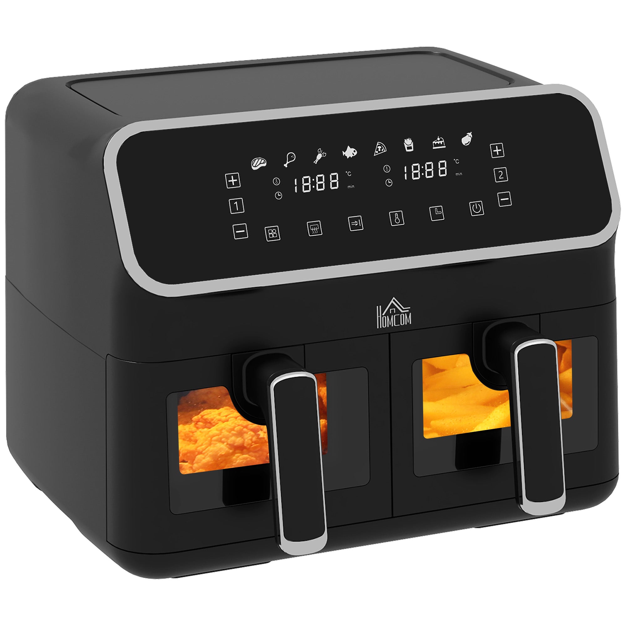 HOMCOM Dual Air Fryer, 8L Family Size Double Air Fryer Oven with 8-In-1 Presets, Smart Finish, Digital Display, Visual Window, Recipe, Timer for Oil Free & Low Fat Healthy Cooking, 2700W,  Silver