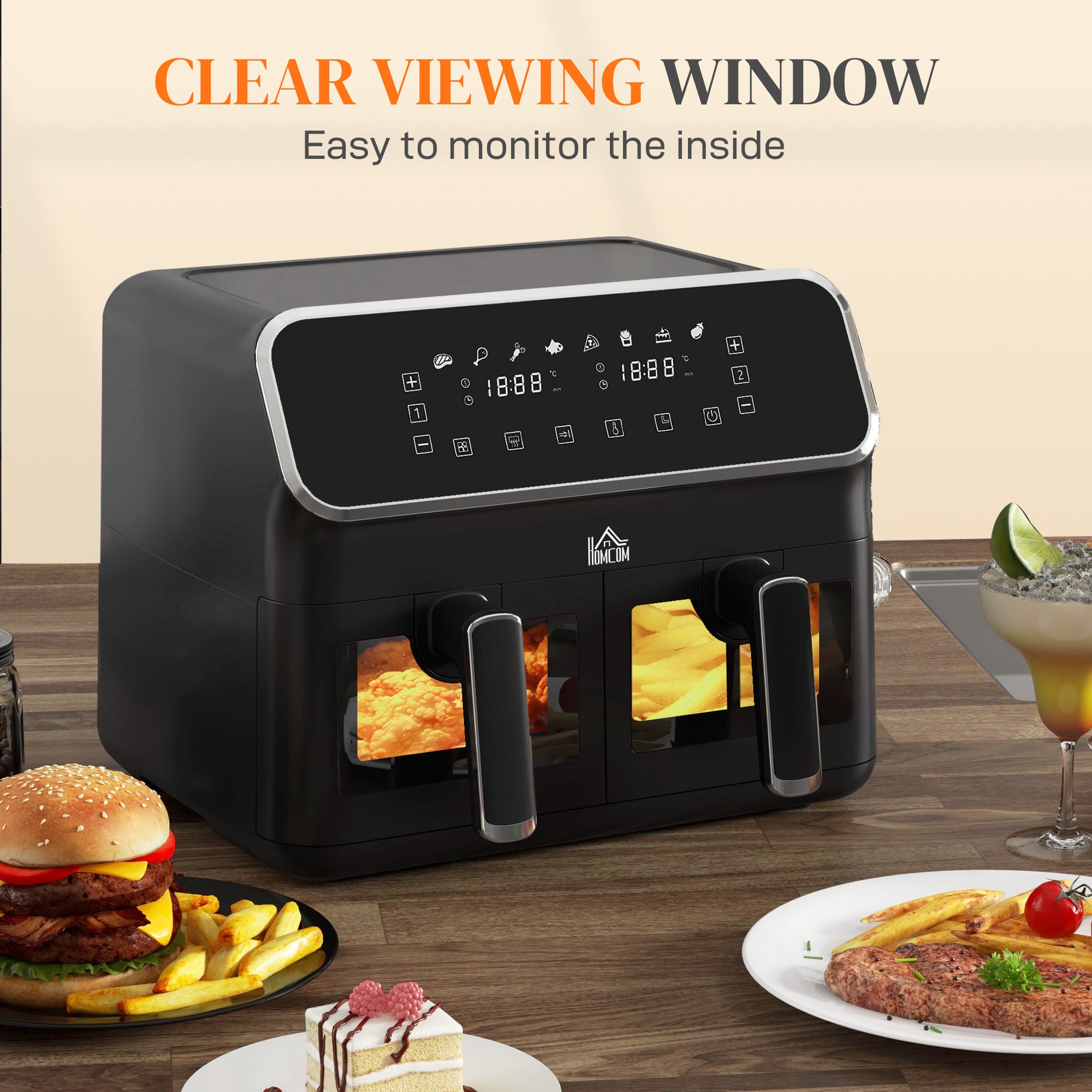 HOMCOM Dual Air Fryer, 8L Family Size Double Air Fryer Oven with 8-In-1 Presets, Smart Finish, Digital Display, Visual Window, Recipe, Timer for Oil Free & Low Fat Healthy Cooking, 2700W,  Silver
