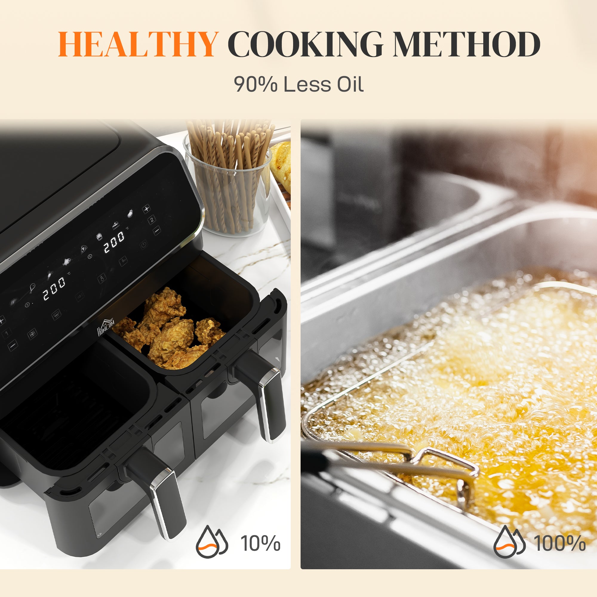 HOMCOM Dual Air Fryer, 8L Family Size Double Air Fryer Oven with 8-In-1 Presets, Smart Finish, Digital Display, Visual Window, Recipe, Timer for Oil Free & Low Fat Healthy Cooking, 2700W,  Silver
