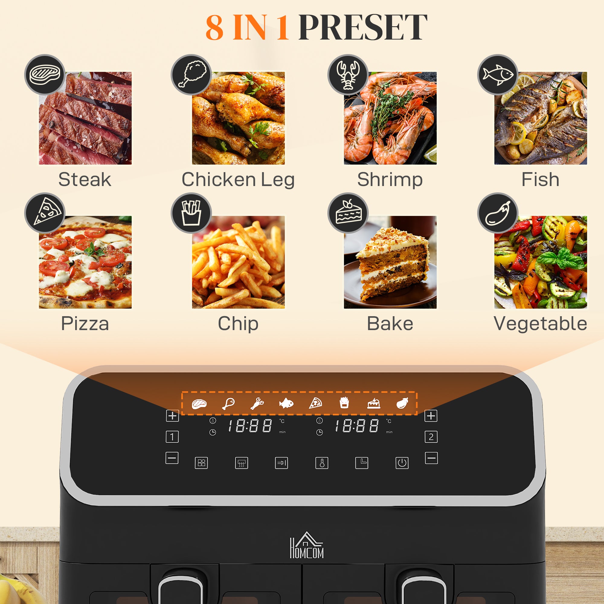HOMCOM Dual Air Fryer, 8L Family Size Double Air Fryer Oven with 8-In-1 Presets, Smart Finish, Digital Display, Visual Window, Recipe, Timer for Oil Free & Low Fat Healthy Cooking, 2700W,  Silver