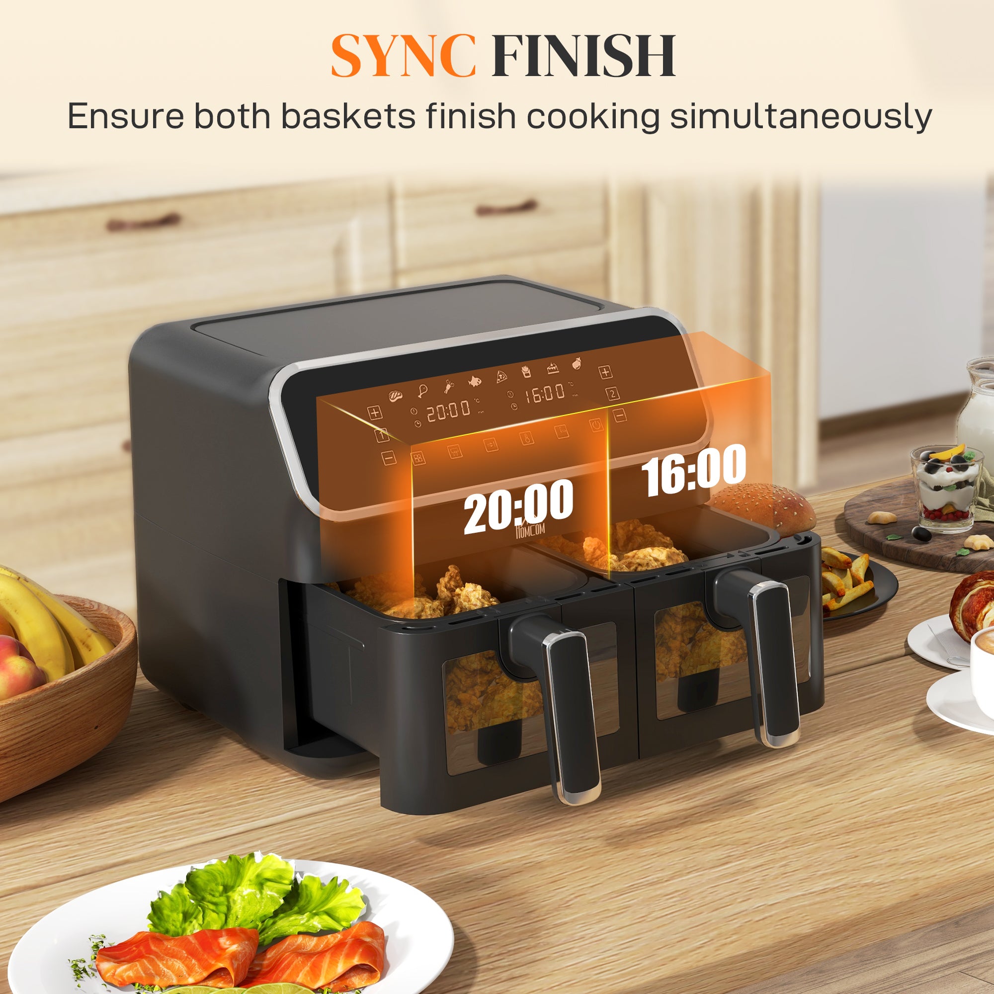 HOMCOM Dual Air Fryer, 8L Family Size Double Air Fryer Oven with 8-In-1 Presets, Smart Finish, Digital Display, Visual Window, Recipe, Timer for Oil Free & Low Fat Healthy Cooking, 2700W,  Silver