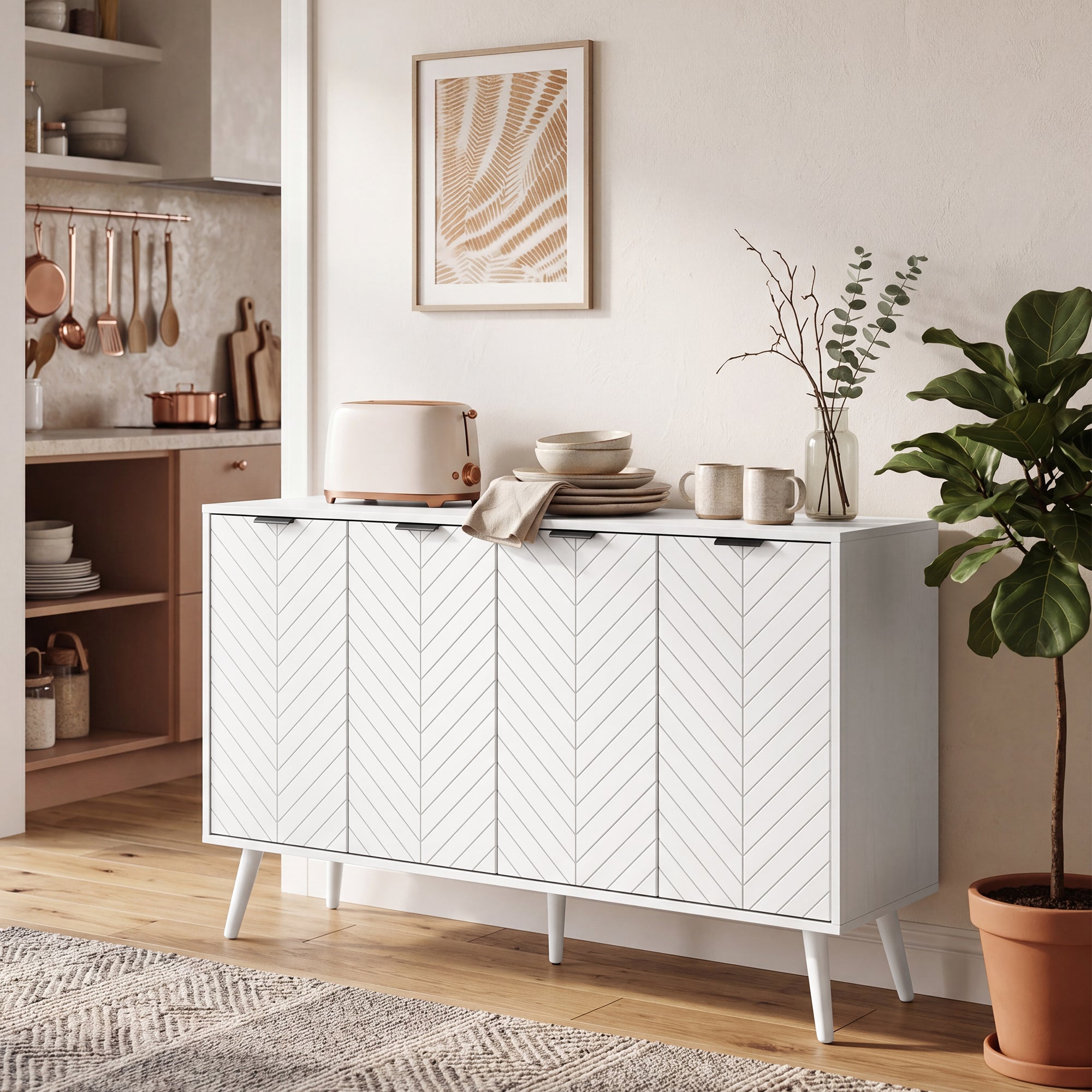 Modern Sideboard Buffet Cabinet, 47" Kitchen Storage Cabinet with 4 Doors and 2 Adjustable Shelves, Coffee Bar Station, White