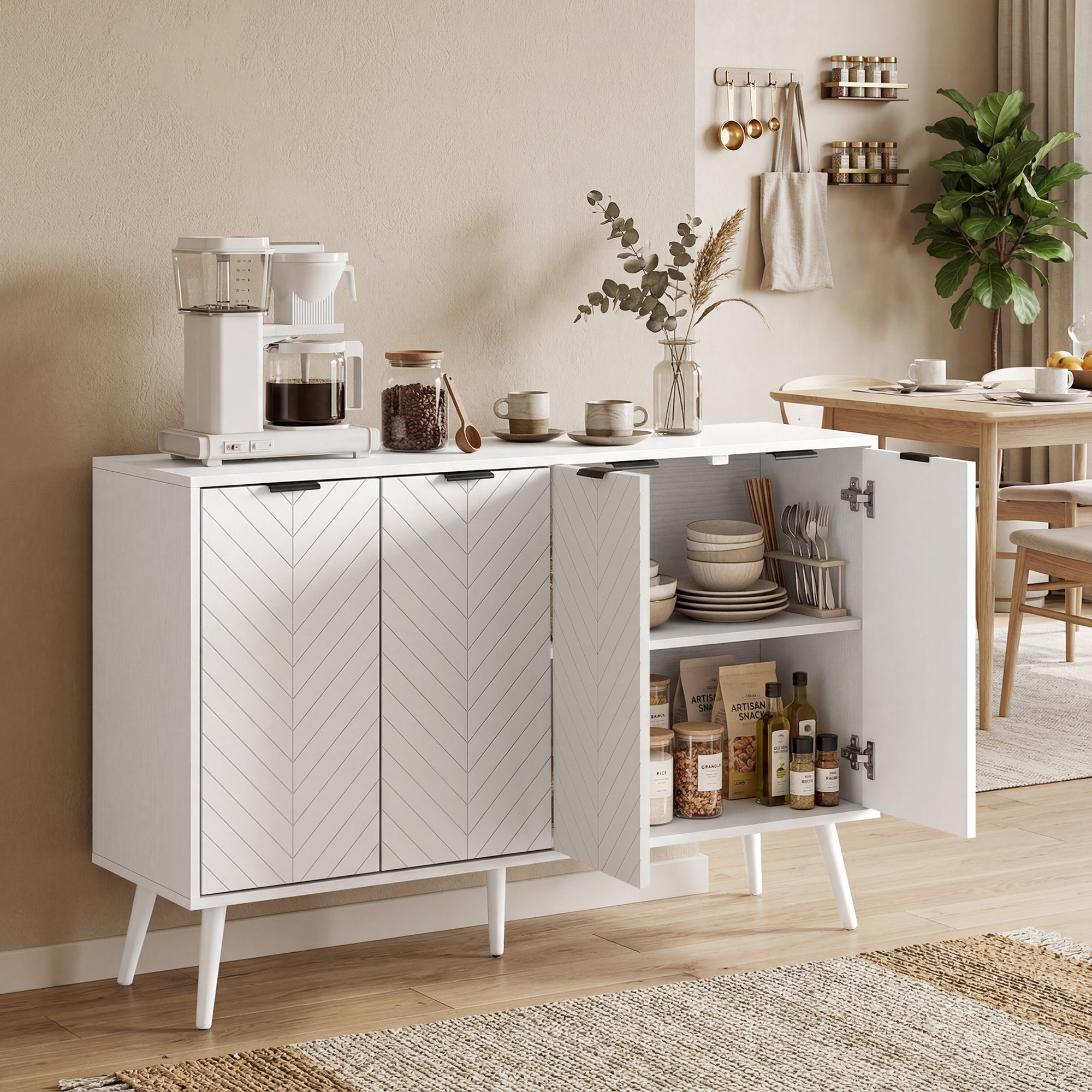Modern Sideboard Buffet Cabinet, 47" Kitchen Storage Cabinet with 4 Doors and 2 Adjustable Shelves, Coffee Bar Station, White