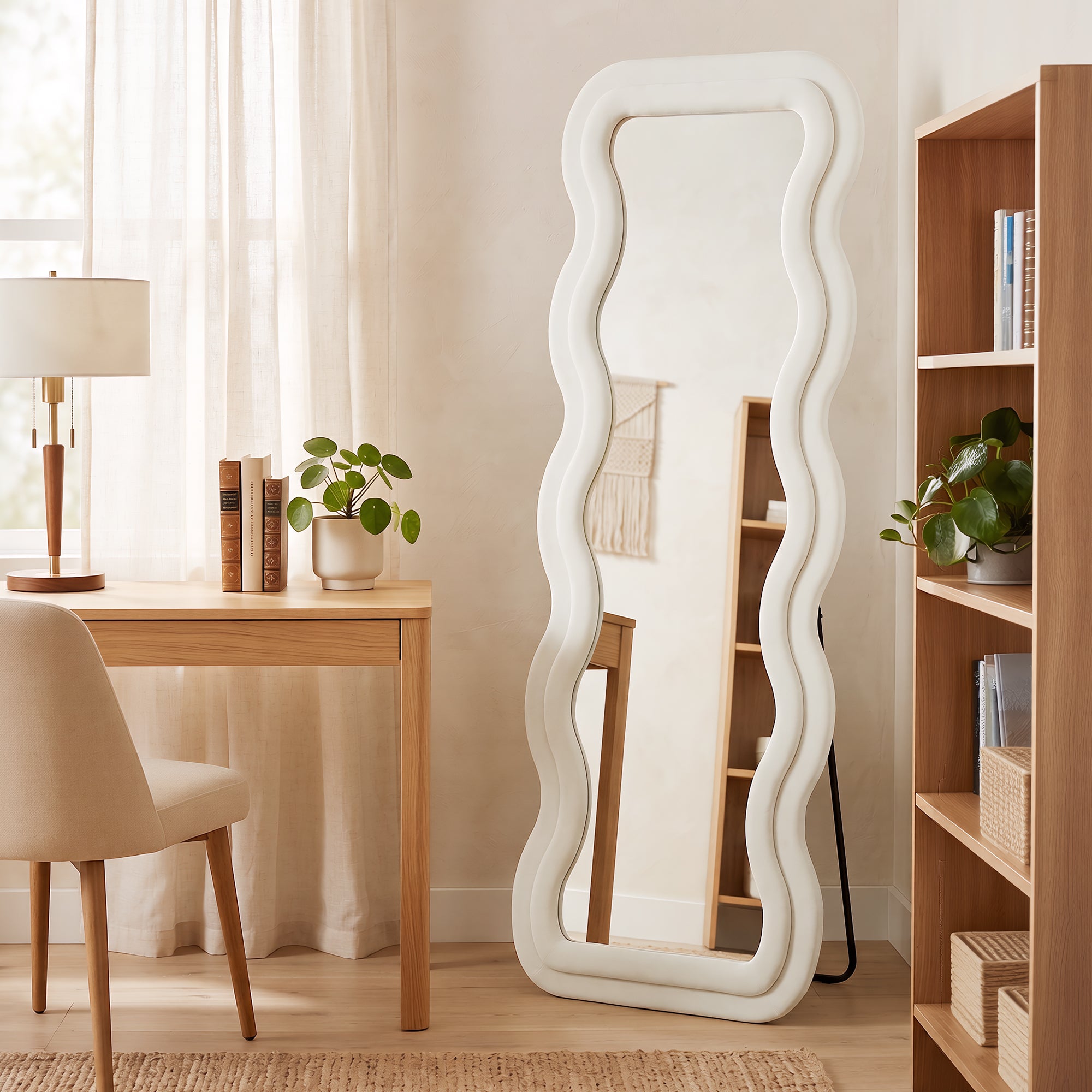 Full Length Mirror, 160 x 60 cm Wavy Large Full Body Standing Mirror with Velvet Frame, HD Tempered Glass, Floor Standing, Wall Hanging or Leaning for Bedroom,  Living Room, Cream White