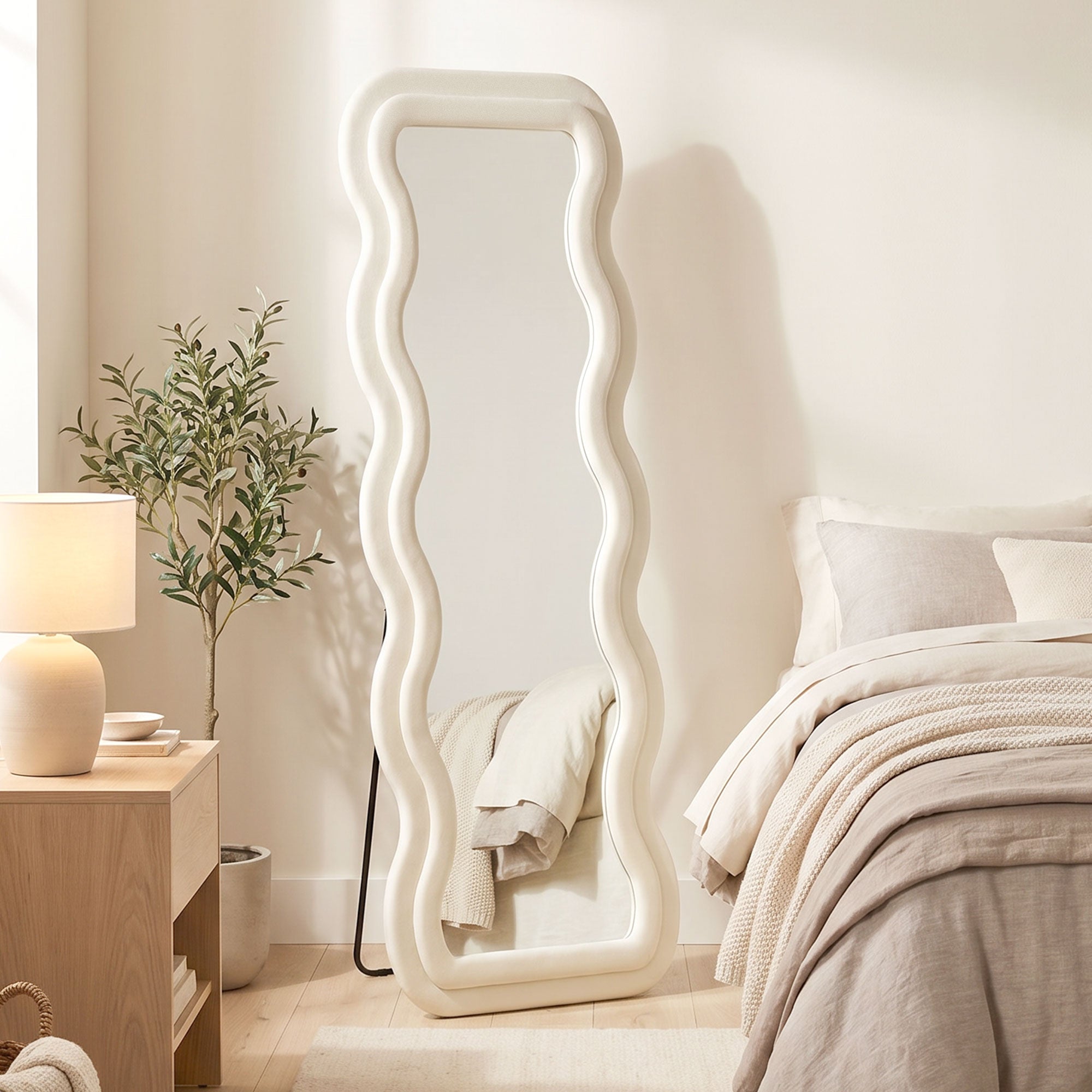 Full Length Mirror, 160 x 60 cm Wavy Large Full Body Standing Mirror with Velvet Frame, HD Tempered Glass, Floor Standing, Wall Hanging or Leaning for Bedroom,  Living Room, Cream White