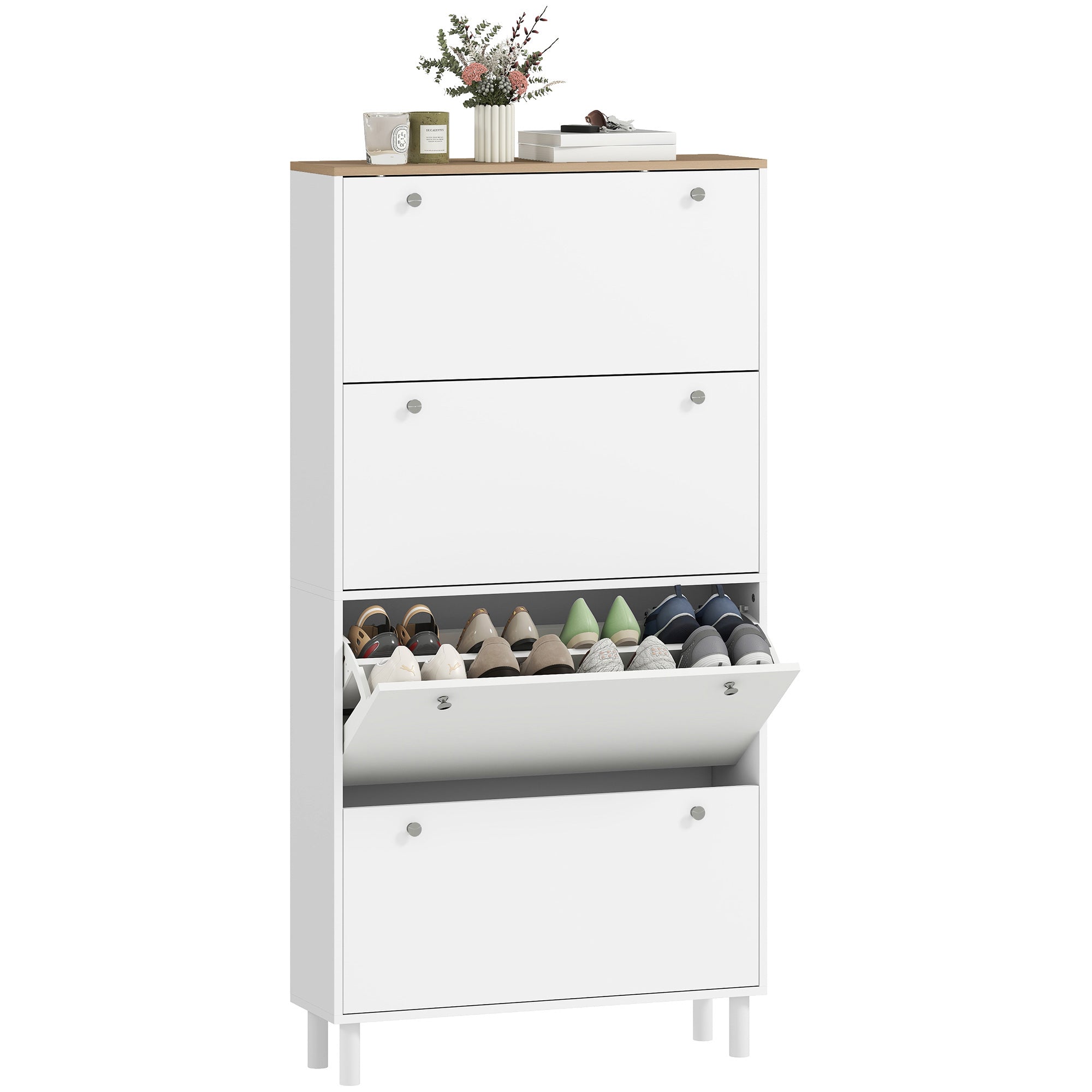 Narrow Shoe Cabinet with 4 Flip Drawers, Slim Shoe Storage Cabinet with Adjustable Shelves for Entryway Hallway, Holds 24–32 Pairs, White