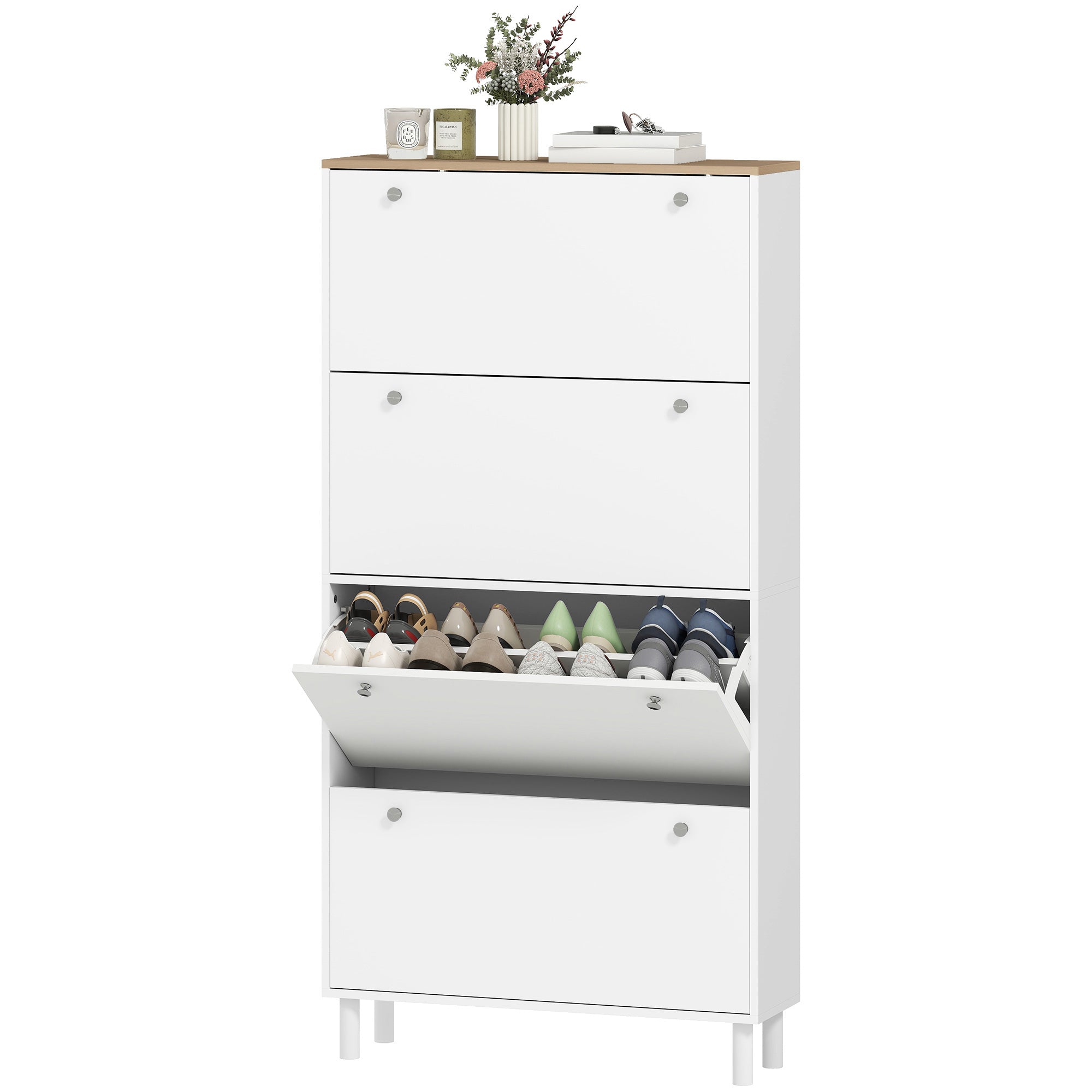 Narrow Shoe Cabinet with 4 Flip Drawers, Slim Shoe Storage Cabinet with Adjustable Shelves for Entryway Hallway, Holds 24–32 Pairs, White