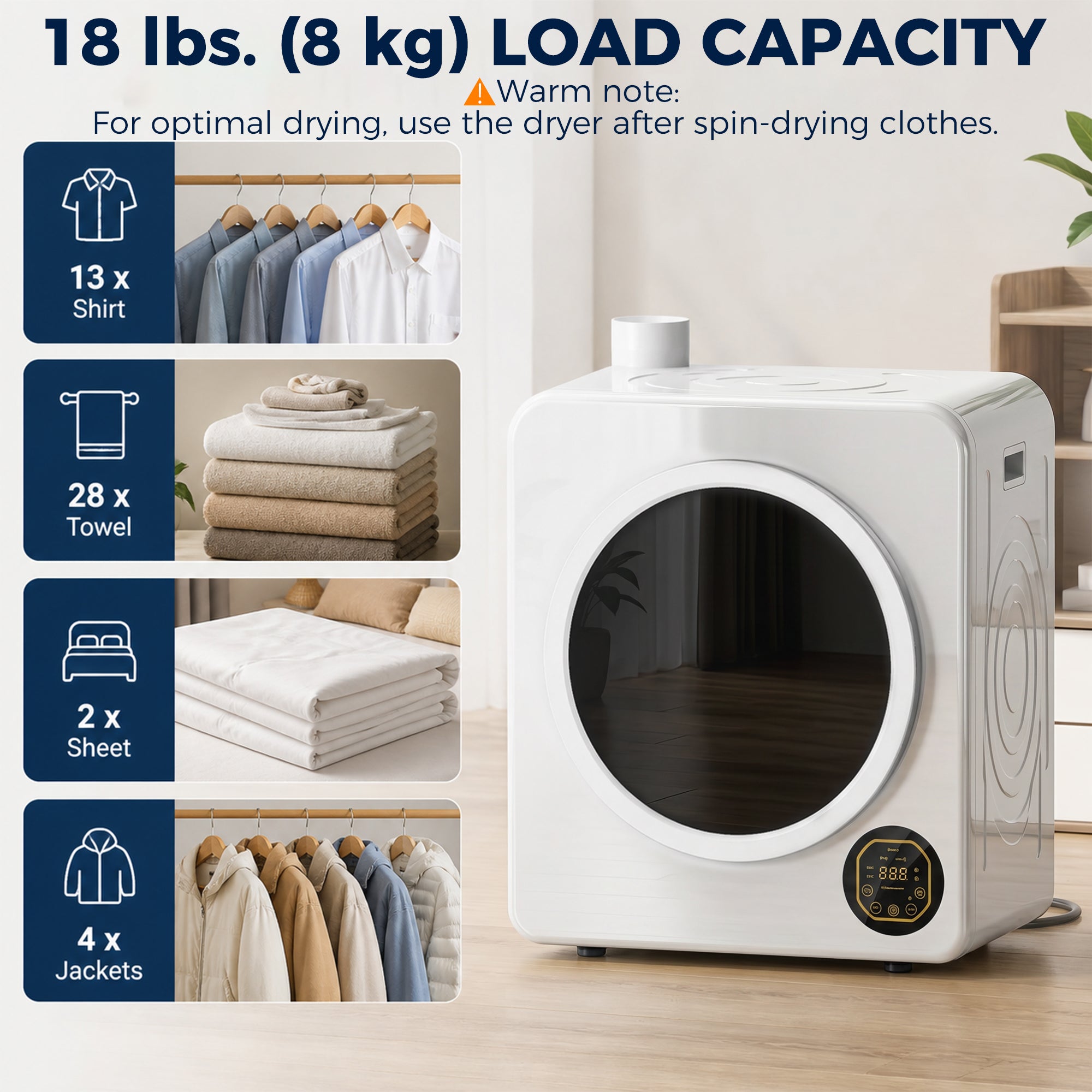 Electric Portable Clothes Dryer, 18 lbs Compact Laundry Dryer 1300W with Stainless Steel Tub, Touch Panel, 6 Drying Modes, Front Load Drying Machine for Apartments, Dorms
