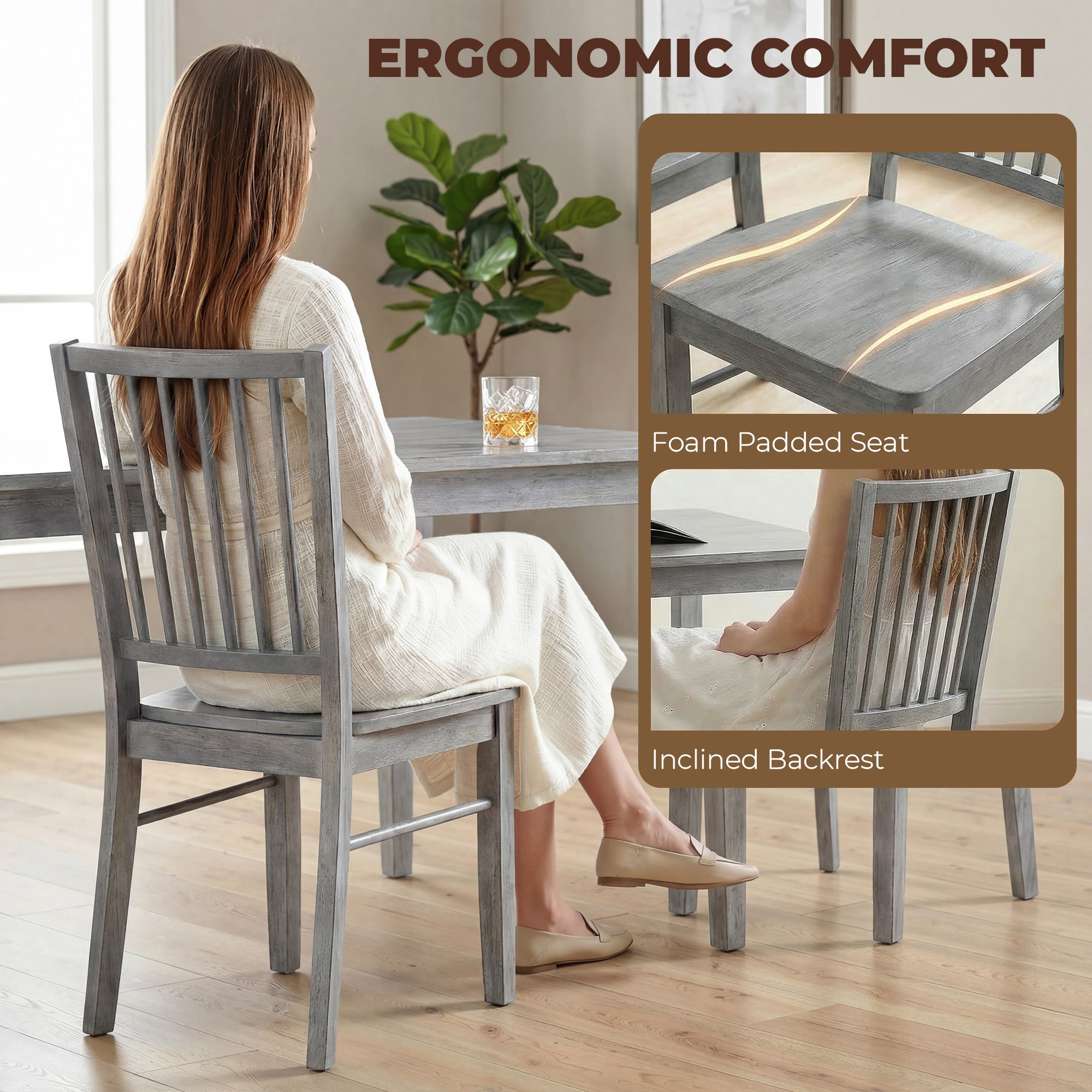 Farmhouse Dining Chairs Set of 2, Ergonomic Solid Wood Armless Kitchen Chairs with Rubberwood Legs for Dining Room, Kitchen, Rustic Gray