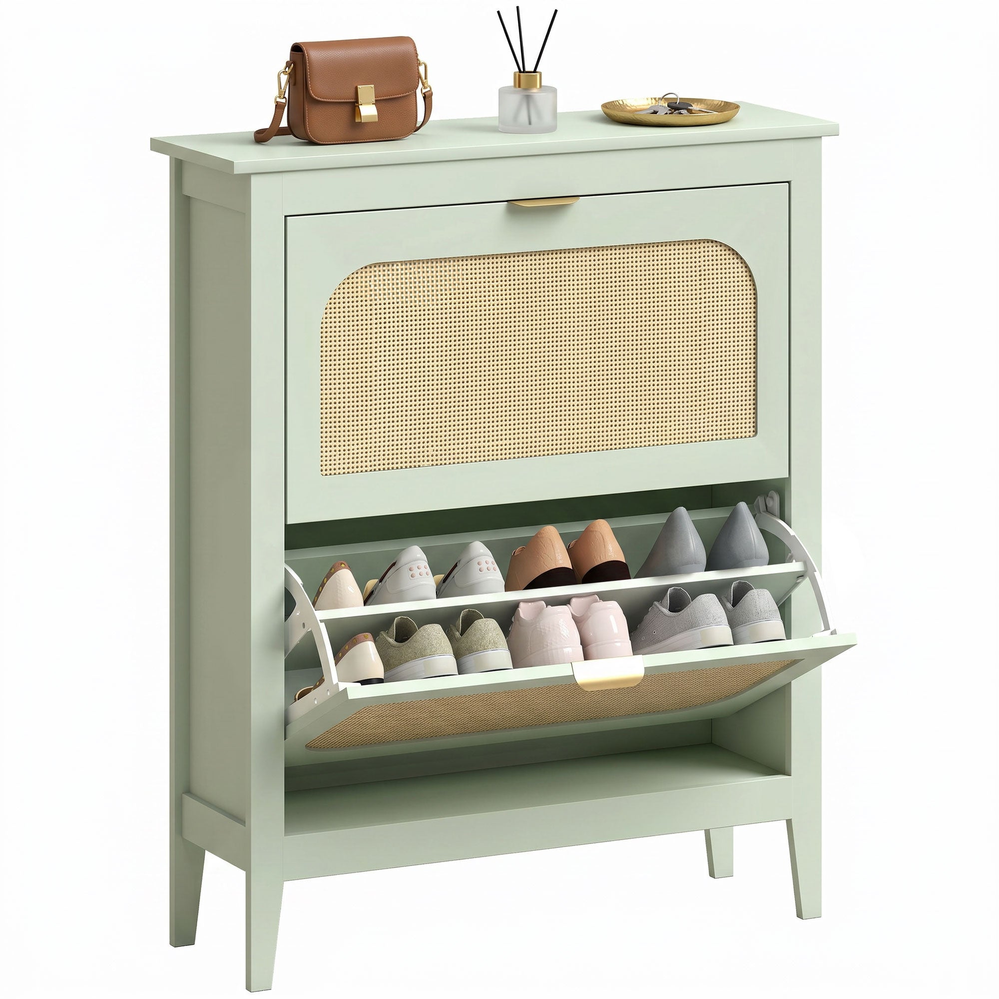 Shoe Storage Cabinet with 2 Flip Drawers, Boho Slim Shoe Cabinet with Rattan Doors for Entryway, Hallway, Holds 14 Pairs, Light Green