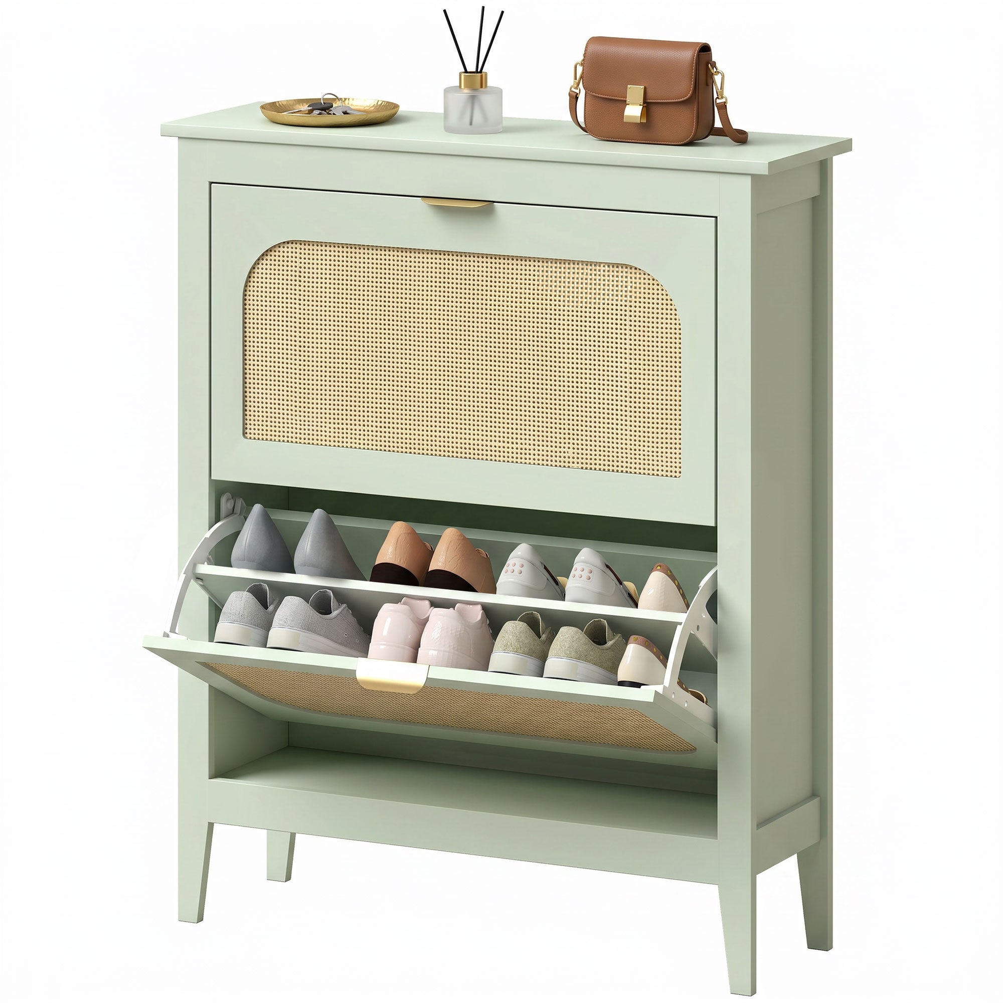 Shoe Storage Cabinet with 2 Flip Drawers, Boho Slim Shoe Cabinet with Rattan Doors for Entryway, Hallway, Holds 14 Pairs, Light Green
