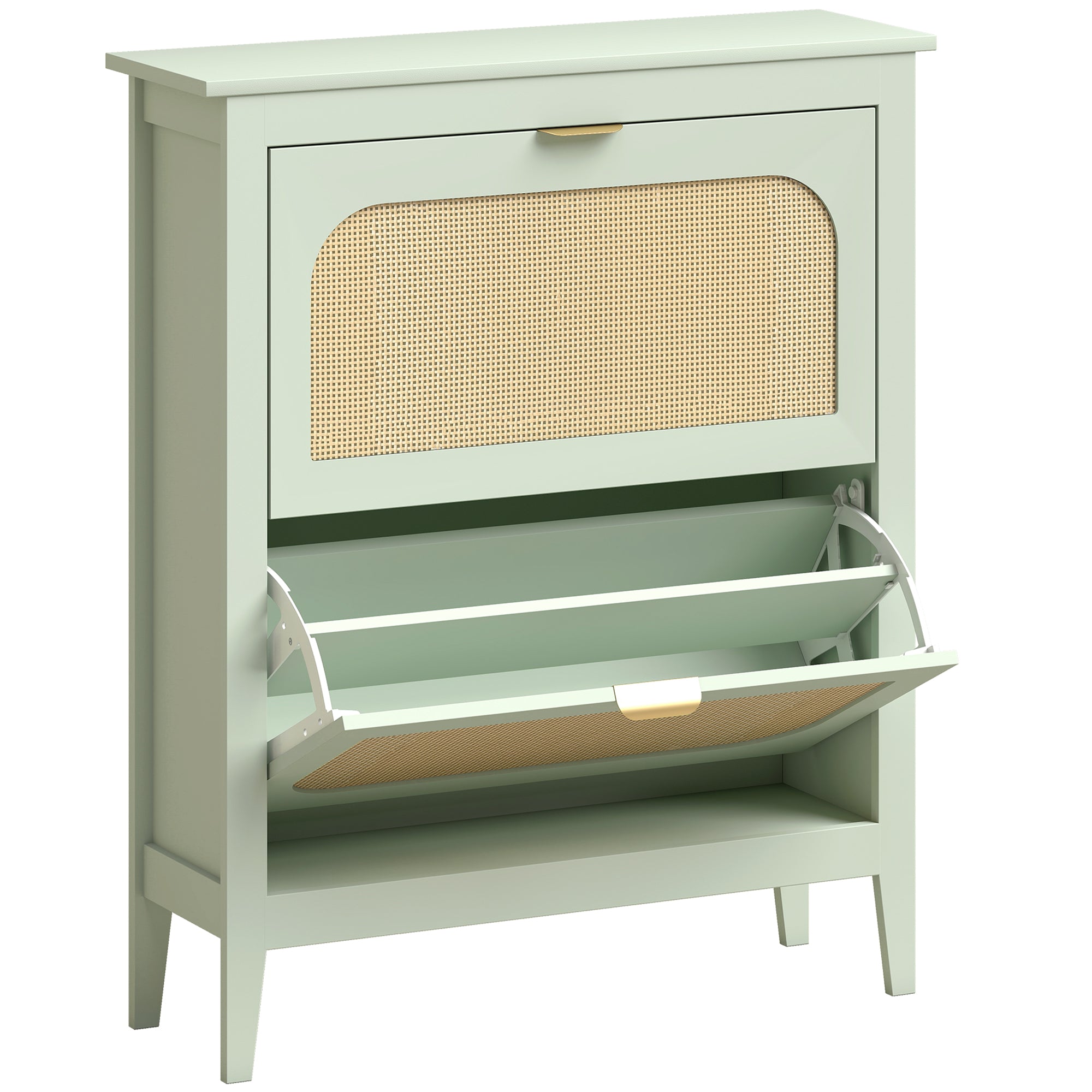 Shoe Storage Cabinet with 2 Flip Drawers, Boho Slim Shoe Cabinet with Rattan Doors for Entryway, Hallway, Holds 14 Pairs, Light Green