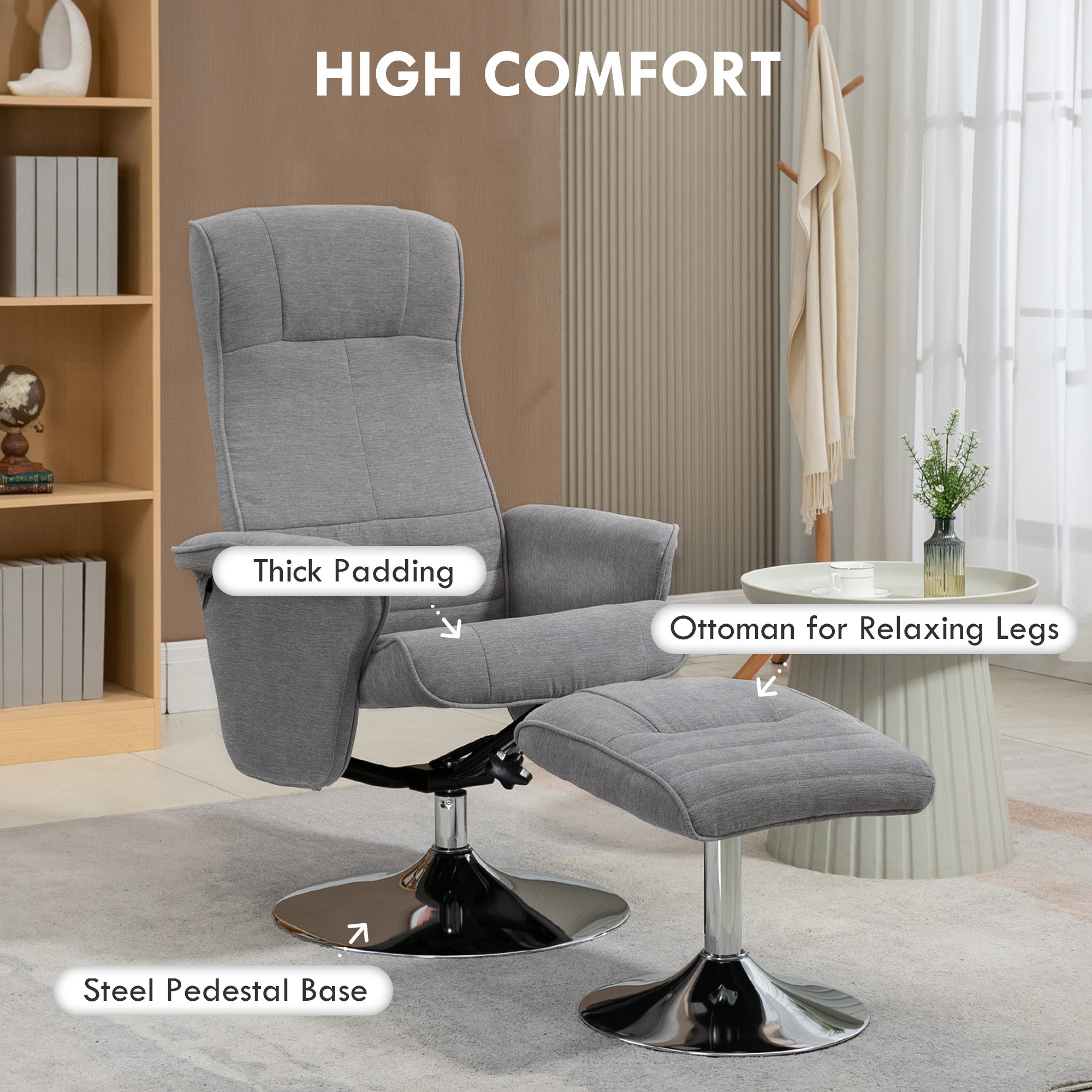 Swivel Recliner Chair with Footstool, Velvet Recliner Armchair with Ottoman, Steel Base, Upholstered Reclining Chair for Living Room, Bedroom, Office, Grey