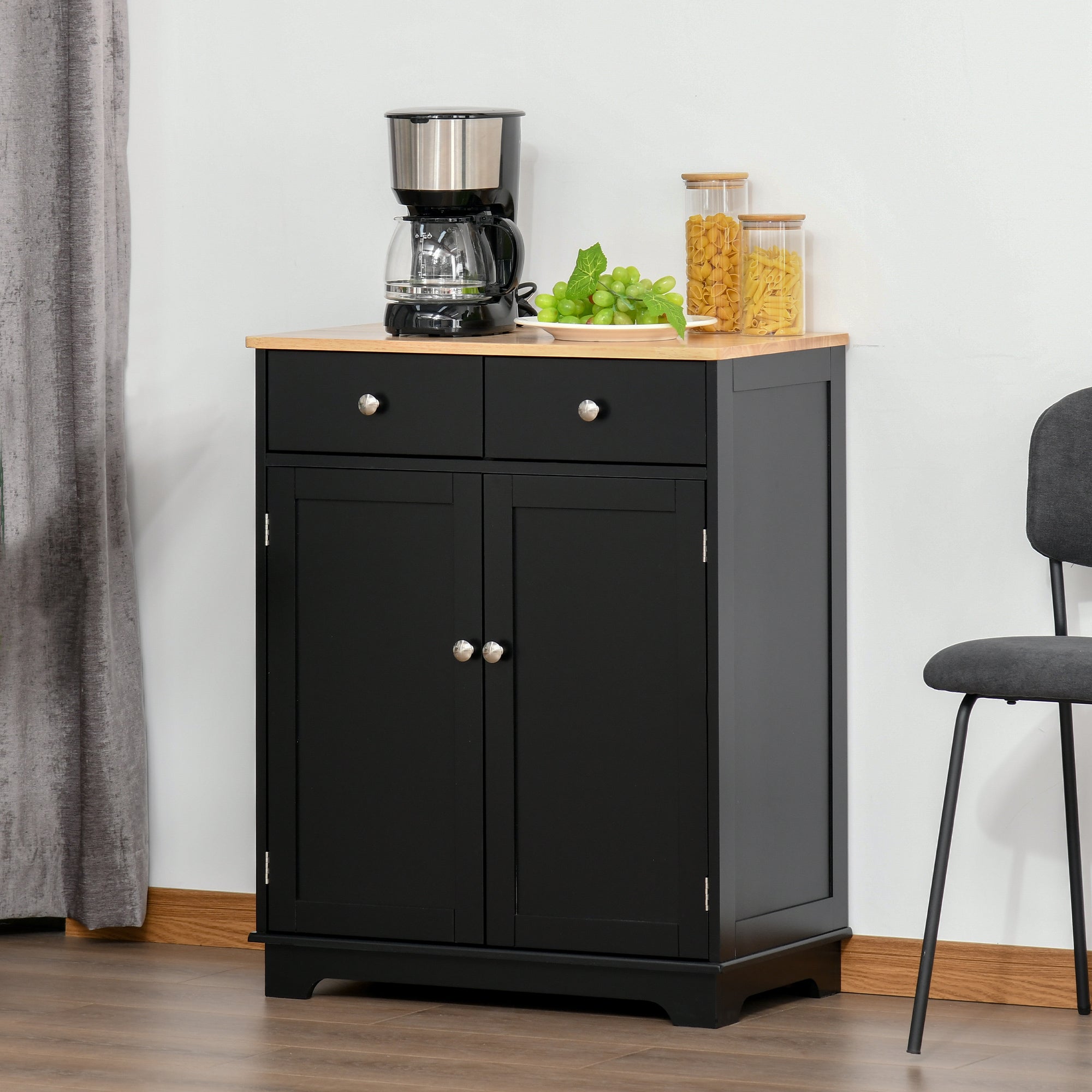 Kitchen Storage Cabinet Sideboard Floor Cupboard with Solid Wood Top Adjustable Shelf 2 Drawers Black