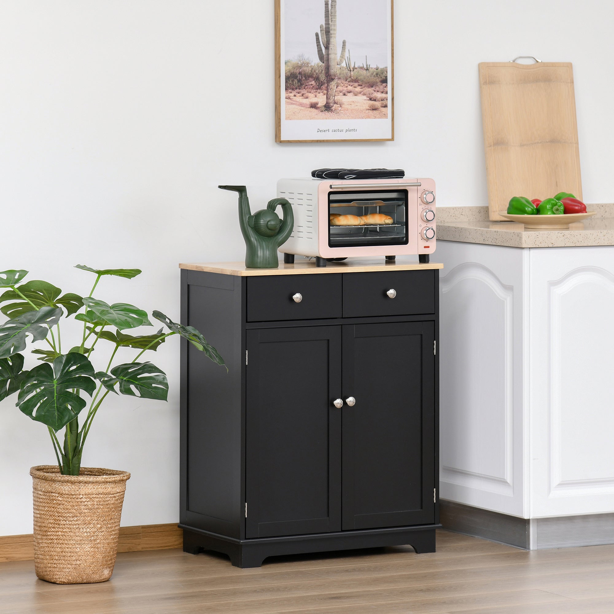 Kitchen Storage Cabinet Sideboard Floor Cupboard with Solid Wood Top Adjustable Shelf 2 Drawers Black