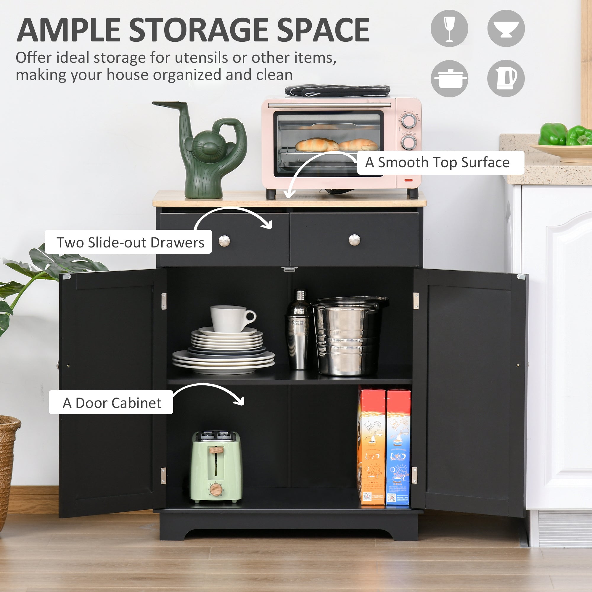 Kitchen Storage Cabinet Sideboard Floor Cupboard with Solid Wood Top Adjustable Shelf 2 Drawers Black