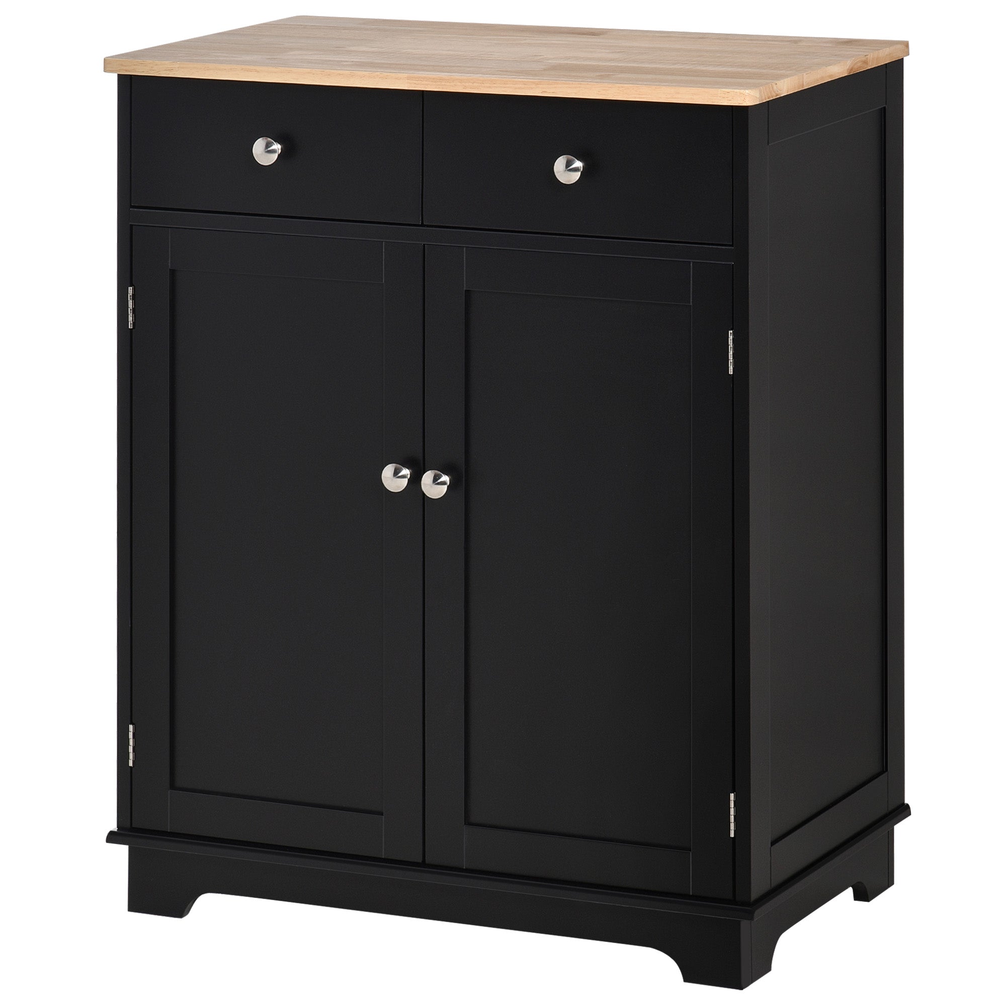 Kitchen Storage Cabinet Sideboard Floor Cupboard with Solid Wood Top Adjustable Shelf 2 Drawers Black