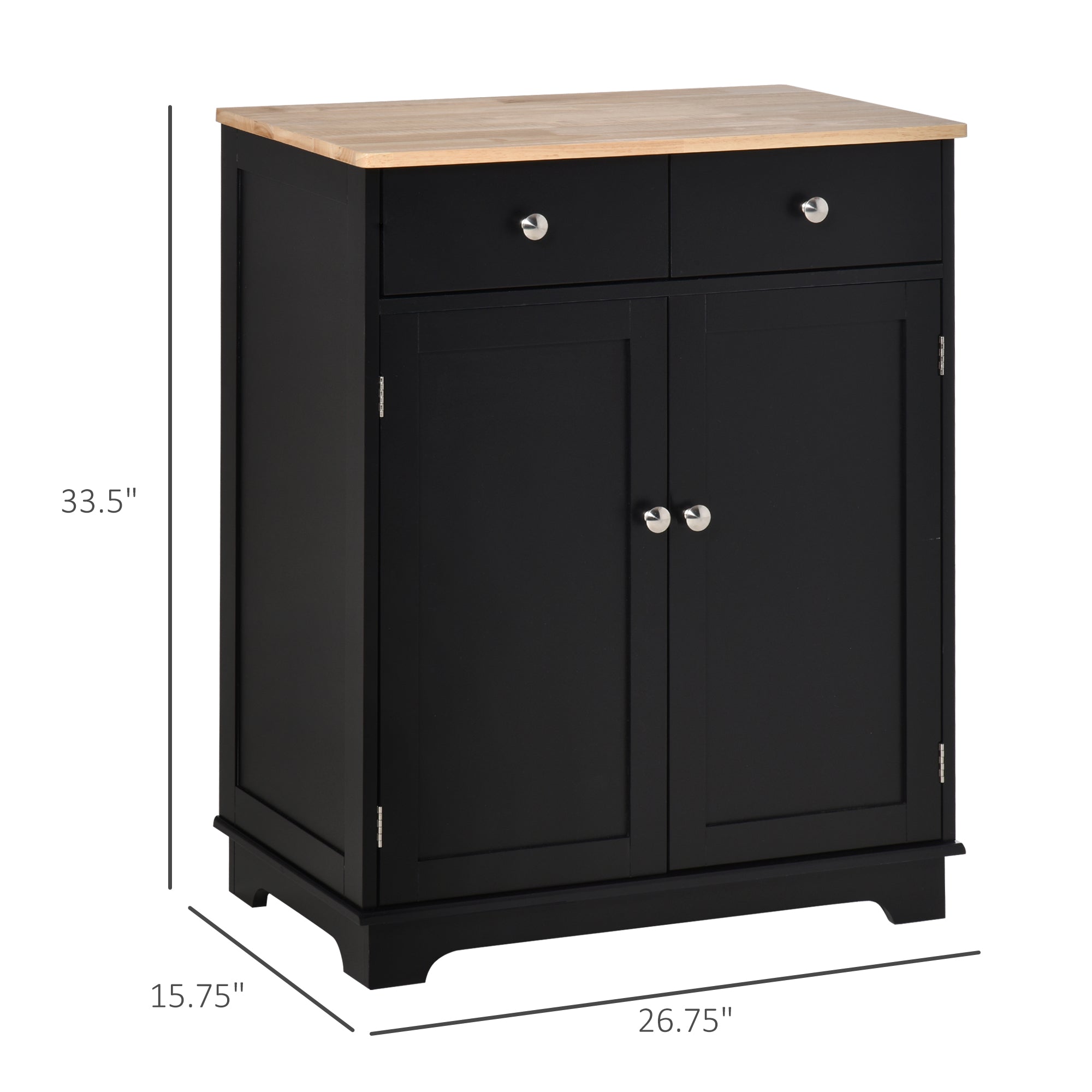 Kitchen Storage Cabinet Sideboard Floor Cupboard with Solid Wood Top Adjustable Shelf 2 Drawers Black