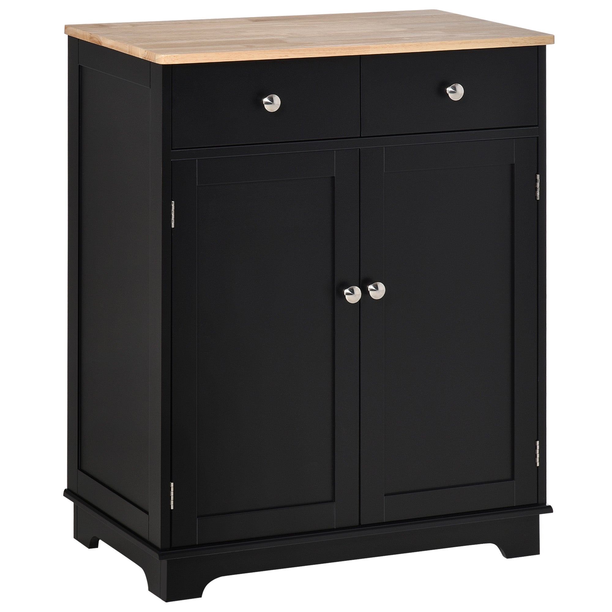 Kitchen Storage Cabinet Sideboard Floor Cupboard with Solid Wood Top Adjustable Shelf 2 Drawers Black