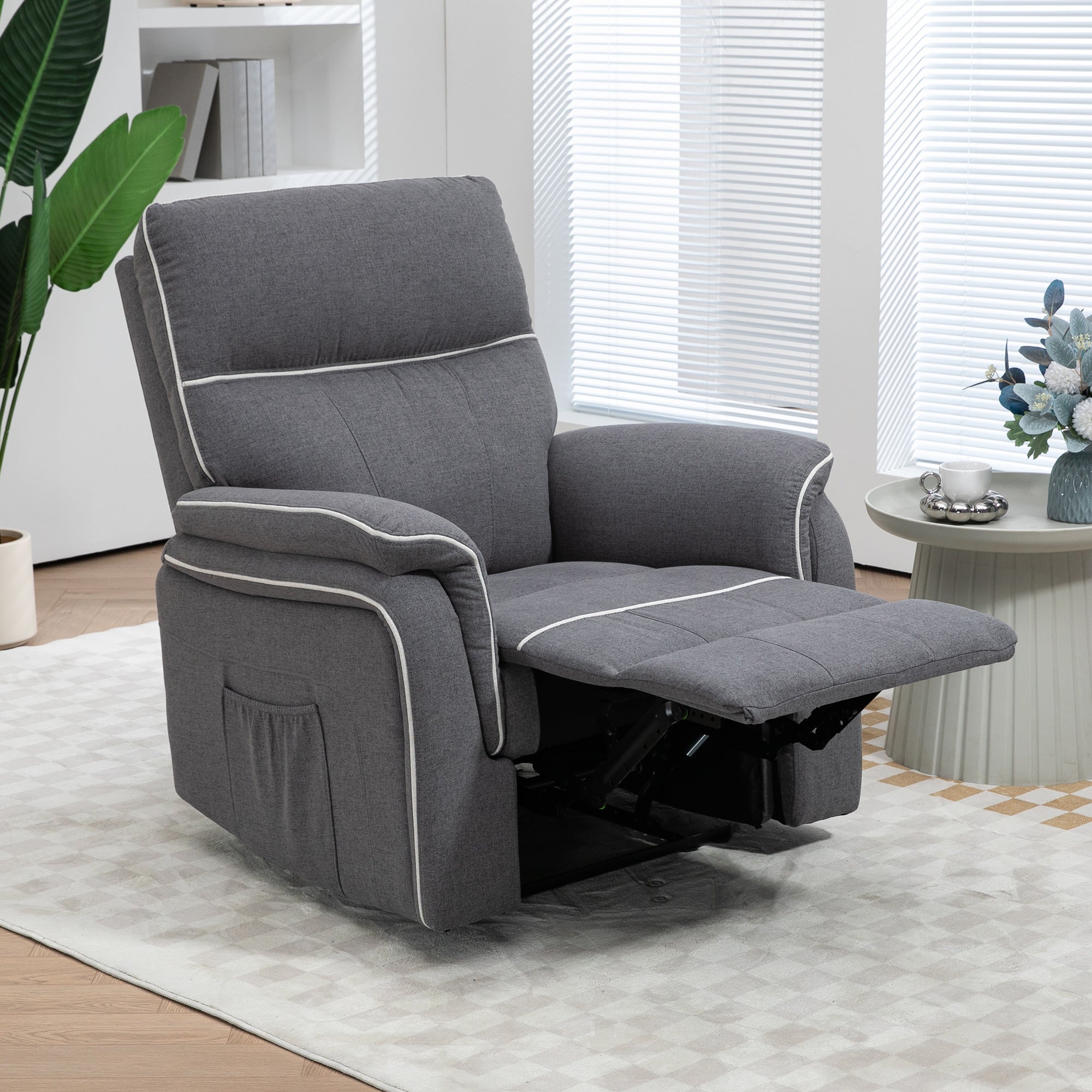 HOMCOM Manual Recliner Chair, Fabric Reclining Chair, Single Sofa for Living Room with Footrest and 2 Side Pockets, Dark Grey