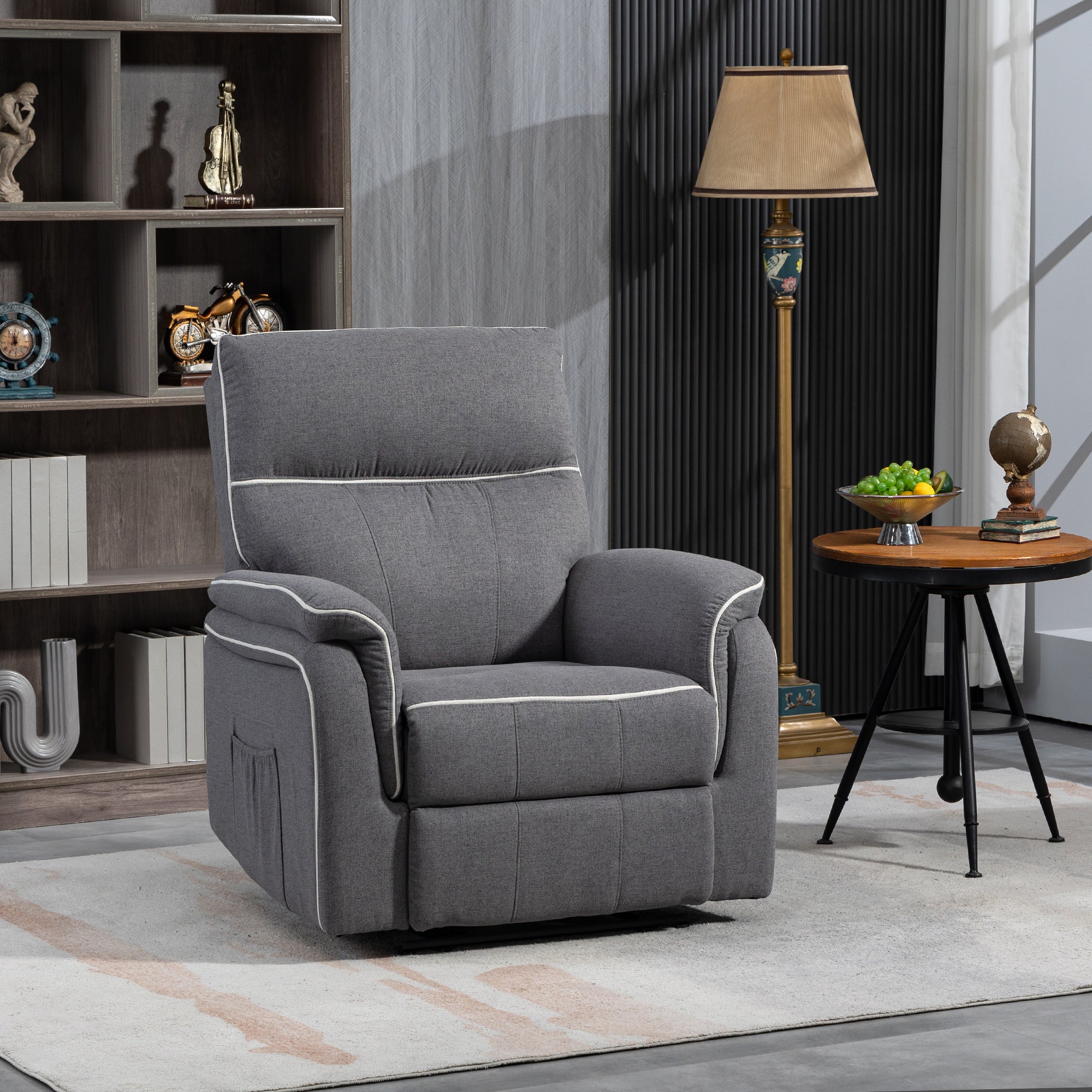 HOMCOM Manual Recliner Chair, Fabric Reclining Chair, Single Sofa for Living Room with Footrest and 2 Side Pockets, Dark Grey