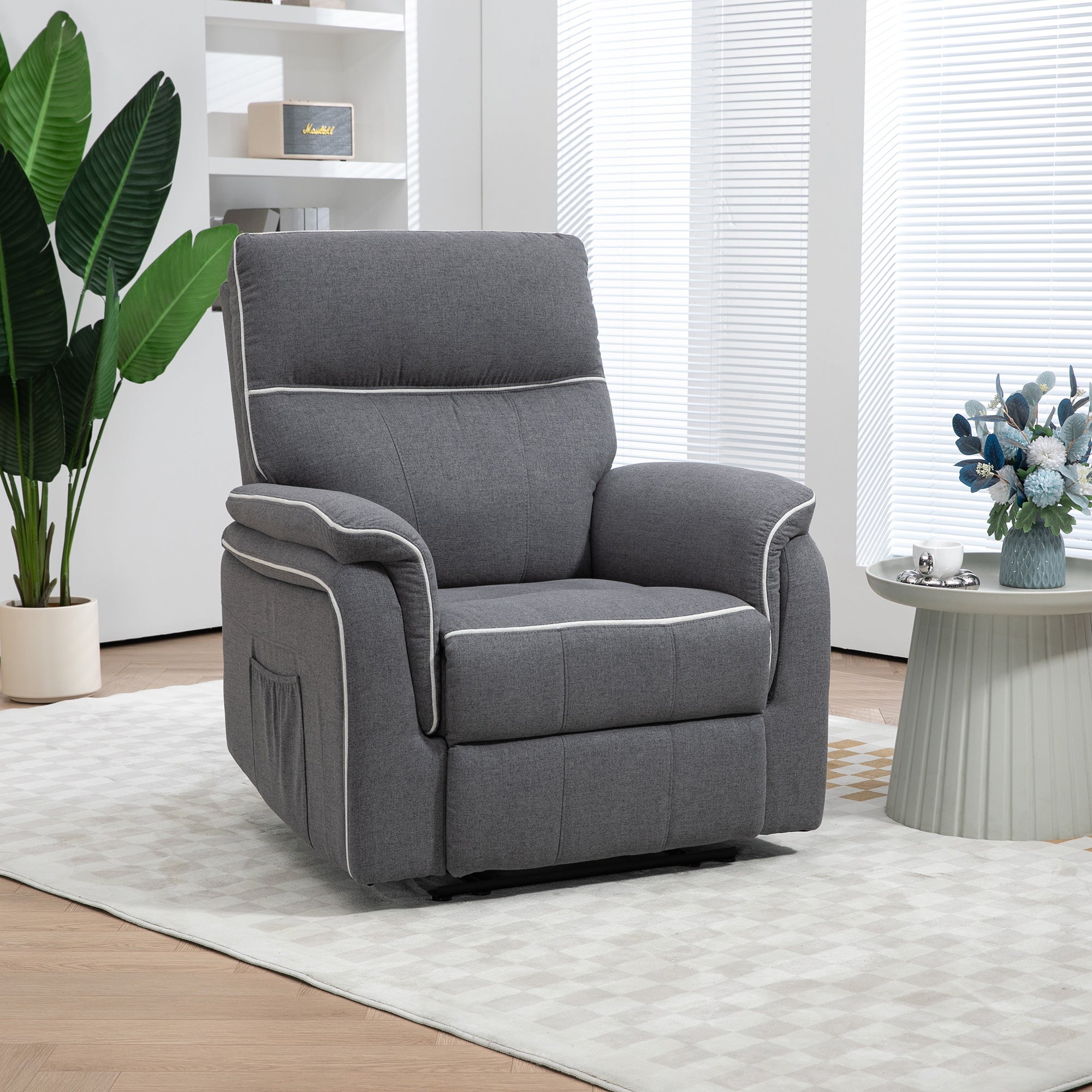 HOMCOM Manual Recliner Chair, Fabric Reclining Chair, Single Sofa for Living Room with Footrest and 2 Side Pockets, Dark Grey